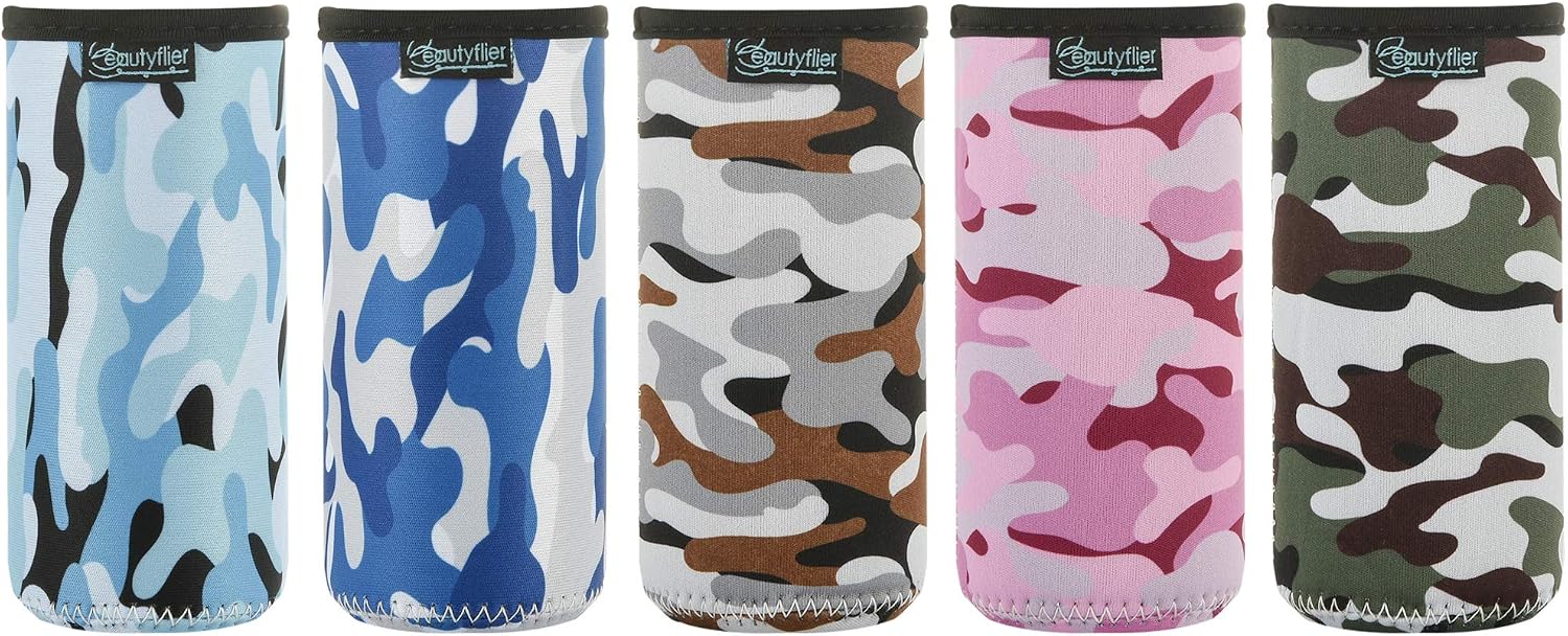 Beautyflier 12oz Slim Can Neoprene Bottle Insulator Sleeve Collapsible Drink Skinny Can Tall Can Cooler for 12 Ounce Energy Drink Beverage Beer Can (Camouflage Pattern (5pcs))