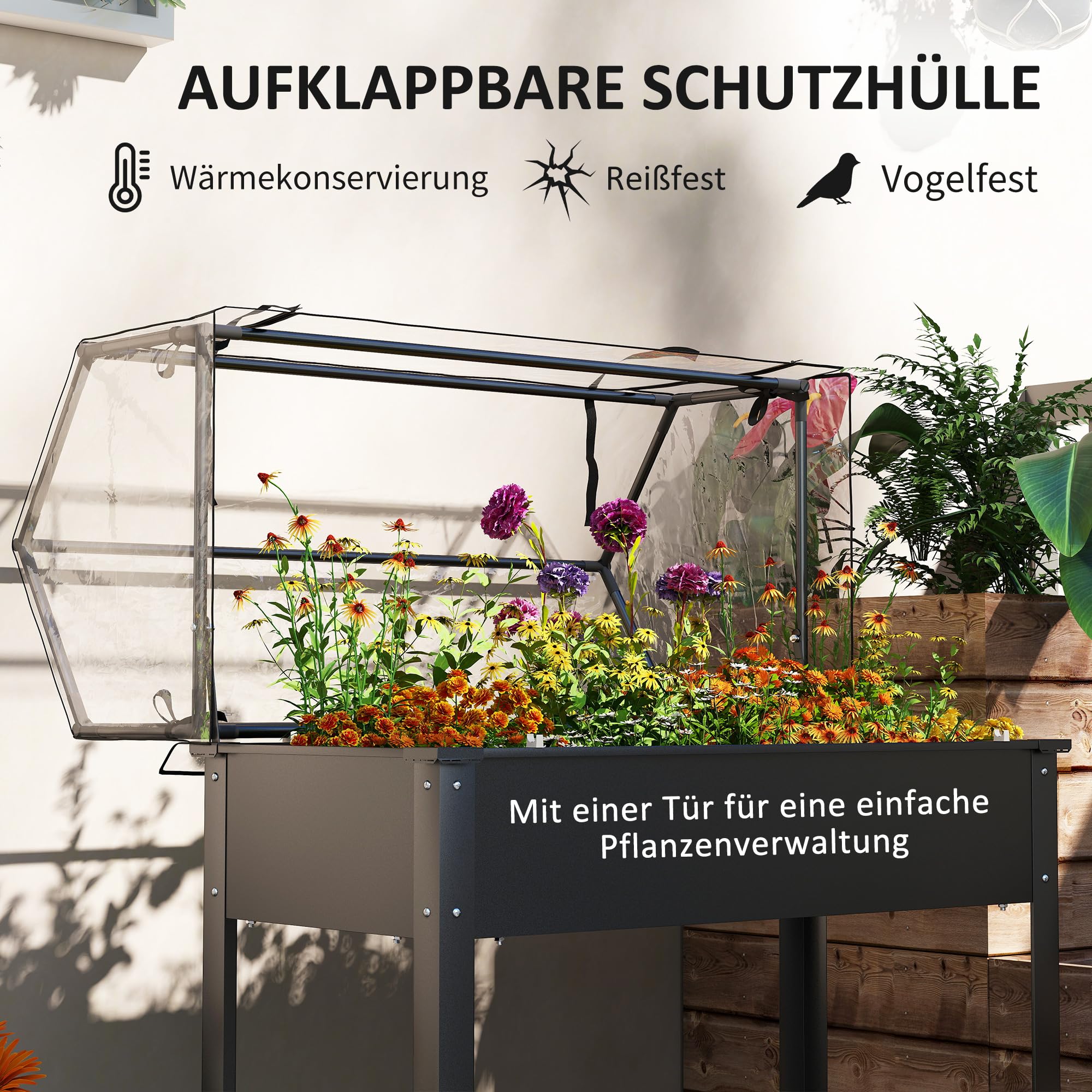 Outsunny Hochbeet mit Abdeckung Wetterbeständig 100 x 48 x 124 cm Schwarz