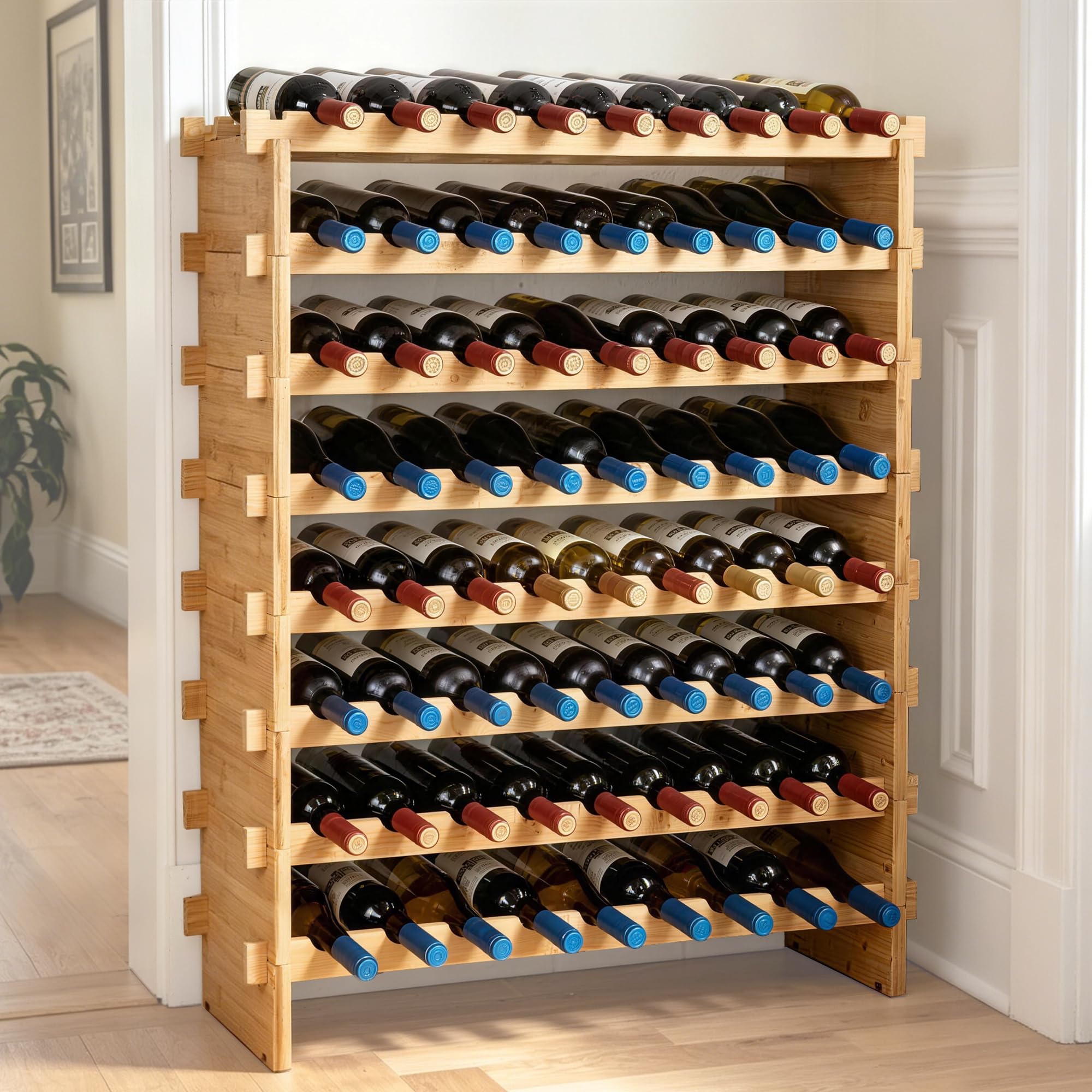 VEVOR 8-Tier 72 Bottles Stackable Modular Wine Rack, Freestanding Wines Holder Display Shelf, Solid Bamboo Wood Storage Racks, Wobble-Free Shelves for Kitchens, Dining Rooms, Cellars, Natural Color