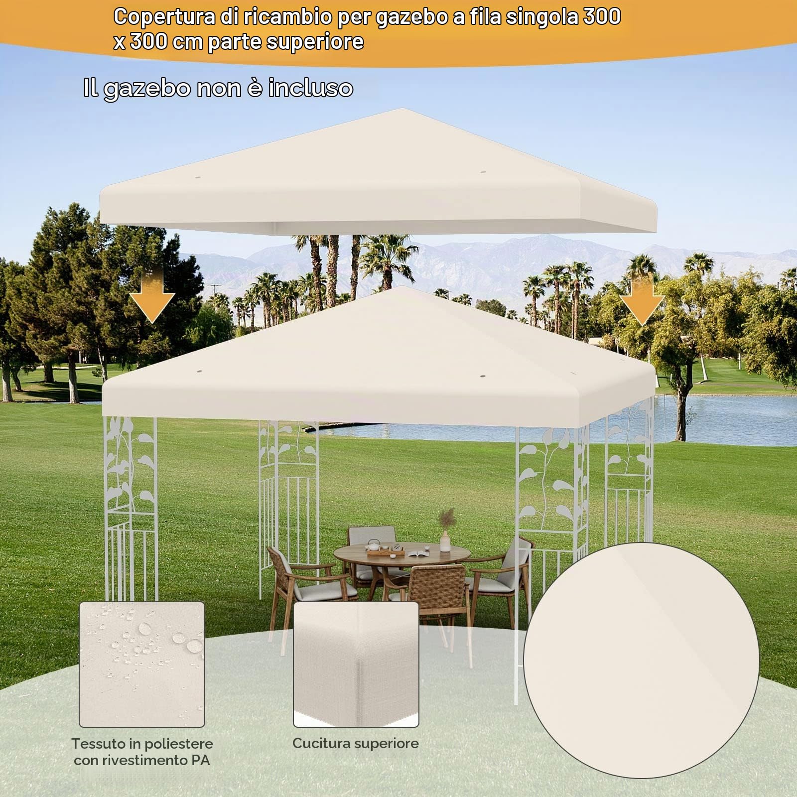 FANTASK Rivestimento di ricambio con chiusure in velcro, tetto di ricambio per gazebo da giardino, 3 x 3 m