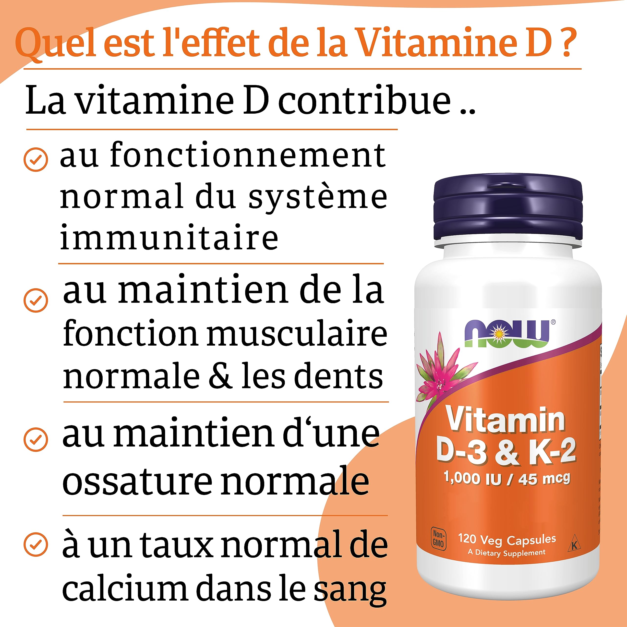 Now Foods, Vitamin D3 & K2, 1.000 UI, 120 Capsules végétaliennes, Testé en Laboratoire, Multivitamines, Sans Gluten, Sans Soja, Végétarien