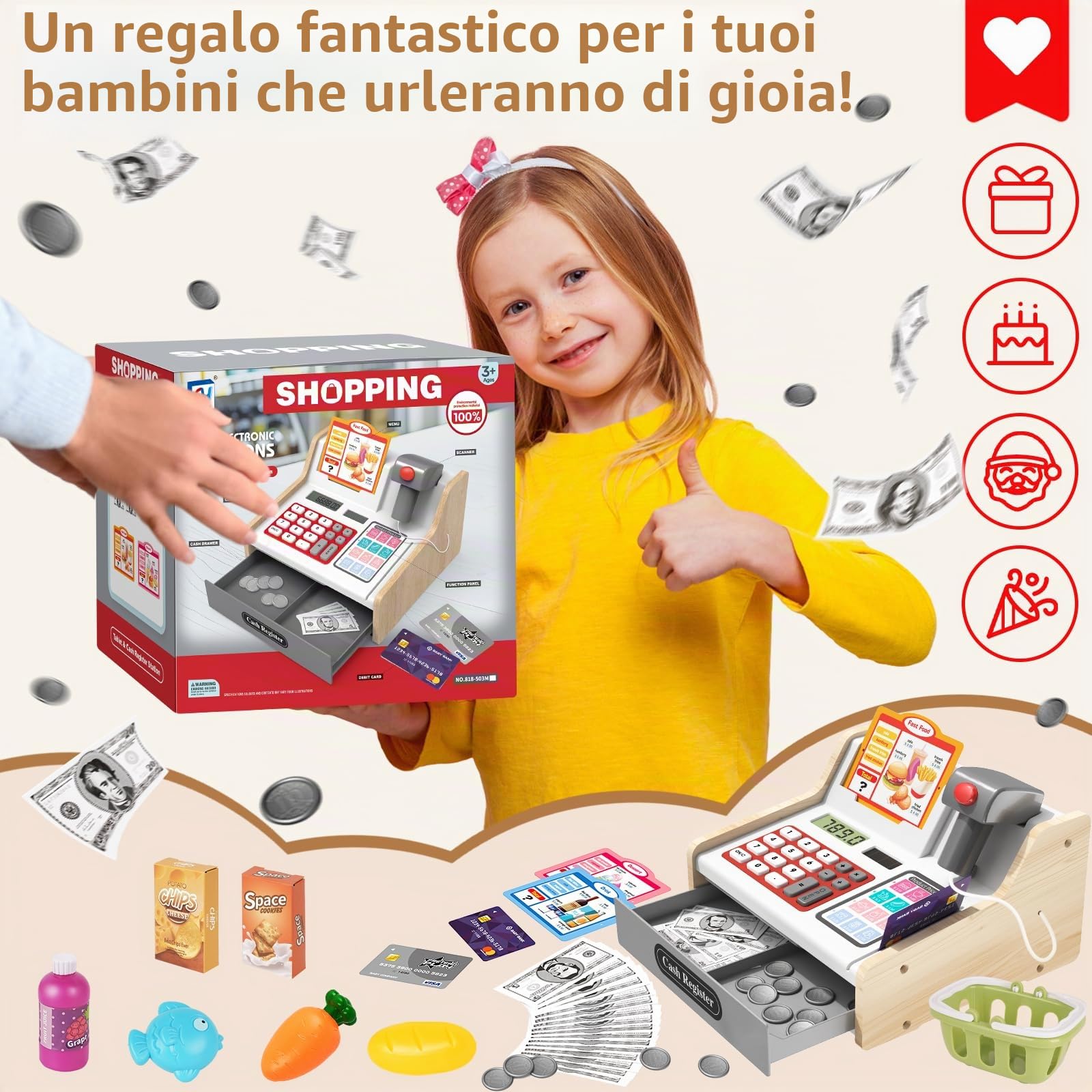 2025 Registratore di Cassa Giocattolo in Legno con Calcolatrice Scanner Giochi per Bambini 3+ Anni, Giocattoli Negozi di Giochi Finti Regali Educativi per Ragazze Ragazzi 3 4 5 6 7Anni, Bianco&Grigio