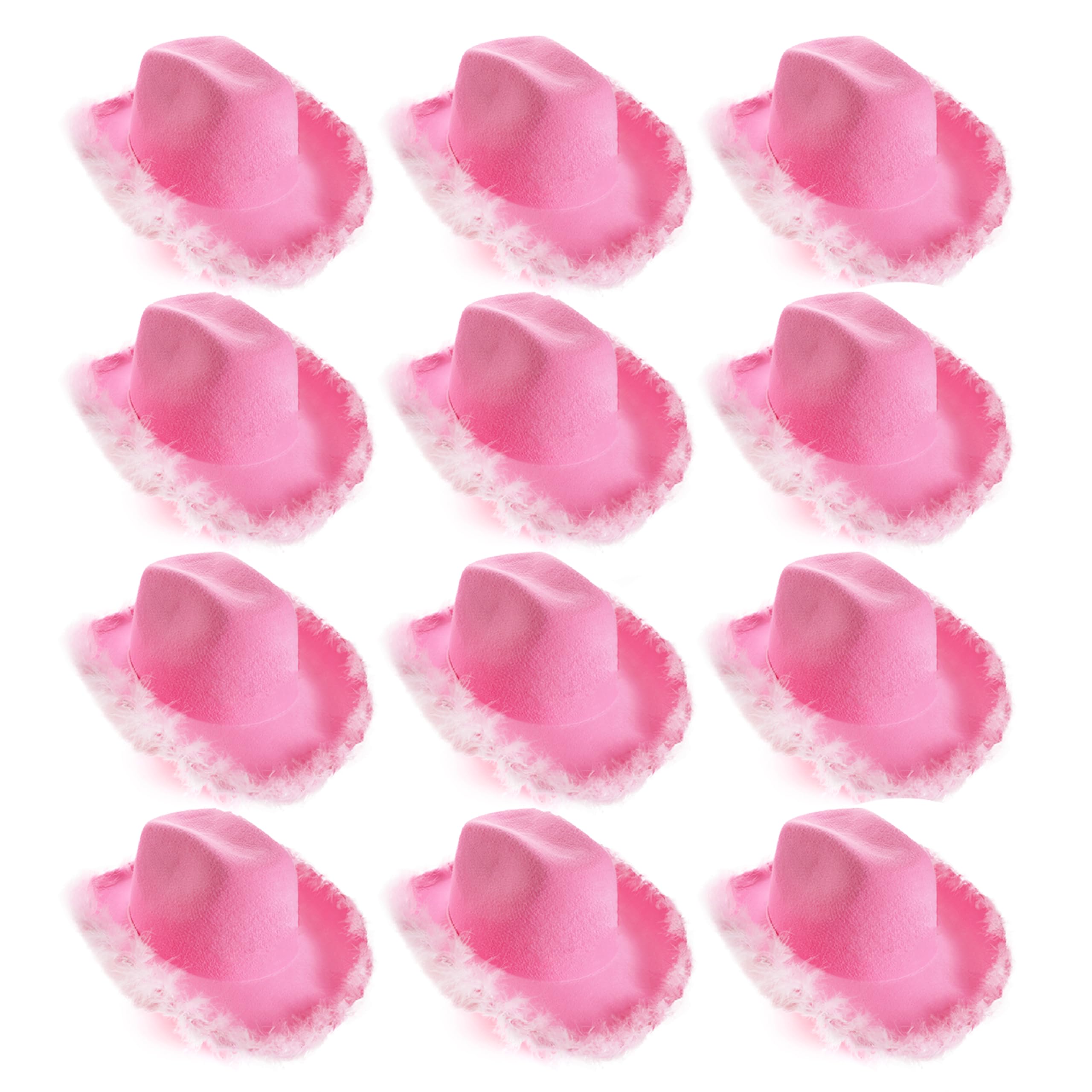 Adults Marabou Cowgirl Hat - Pack Of 12 - Baby Pink Felt Cowboy Hat with Marabou Trim - Adults Fluffy Trim Cowgirl Hat Western Party Hen Party Fancy Dress Accessory