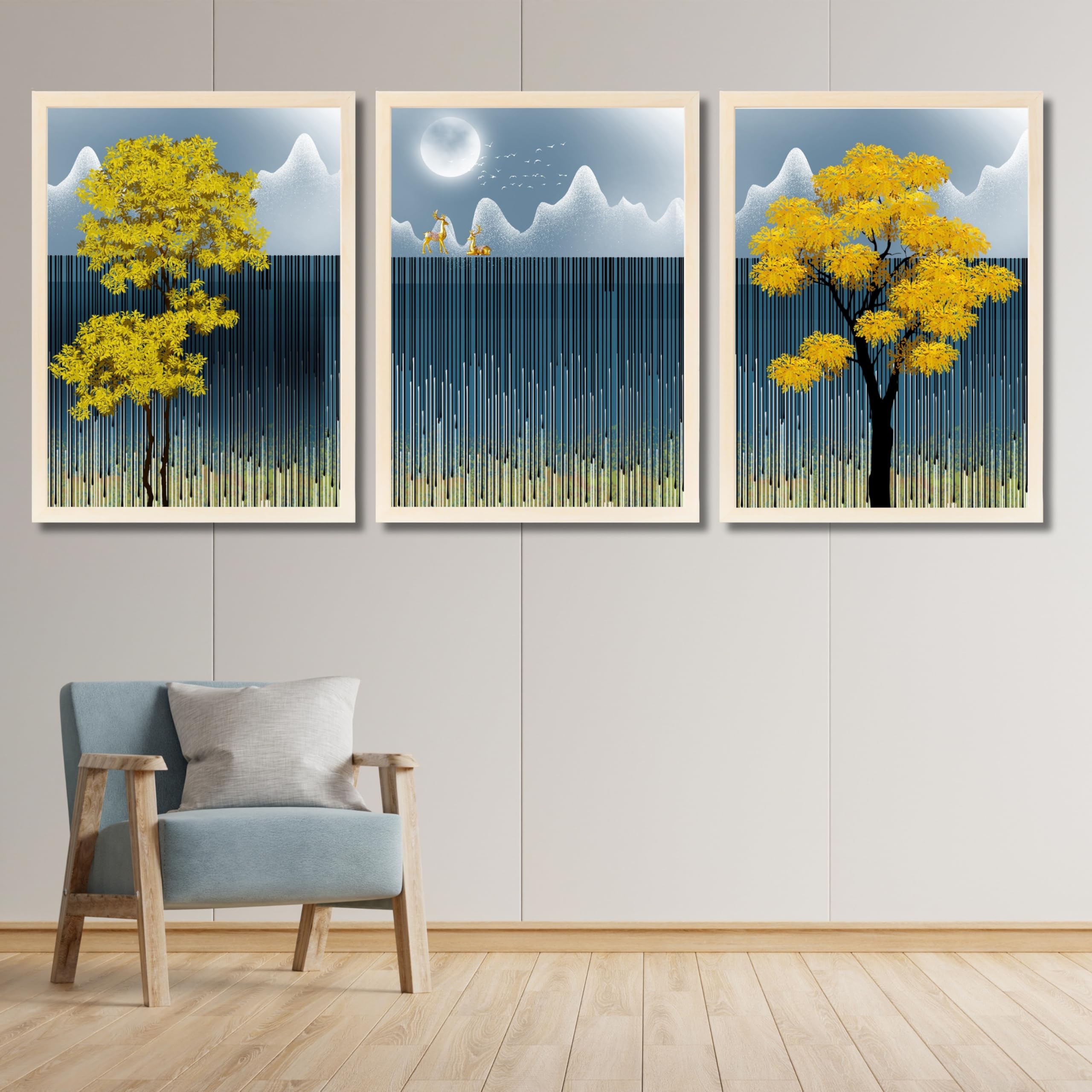 CRAFT QUEST Modern Abstract Blue Landscape Art | Set of 3 Frames for Home Decoration | Ideal for Living Room, Bedroom & Offices (Natural, 13 X 17 Inch Each Frames)