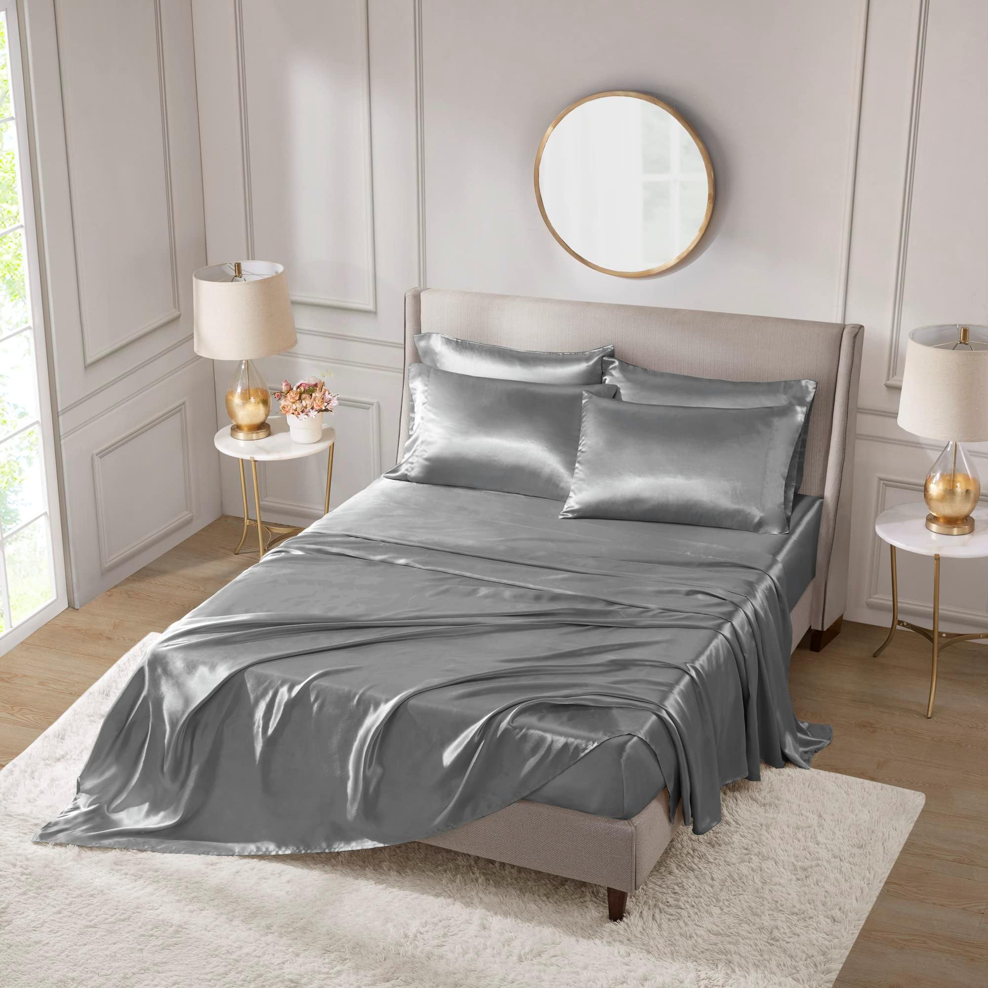 Madison Park Essentials Satin Sheets Queen Size, Luxurious Silky Satin Bed Sheets, Elastic 14" Pocket fits up to 16" Mattress, Wrinkle-Free, Soft Satin Bed Sheet Set, Grey 6 PieceOEKO-TEX STANDARD 100
