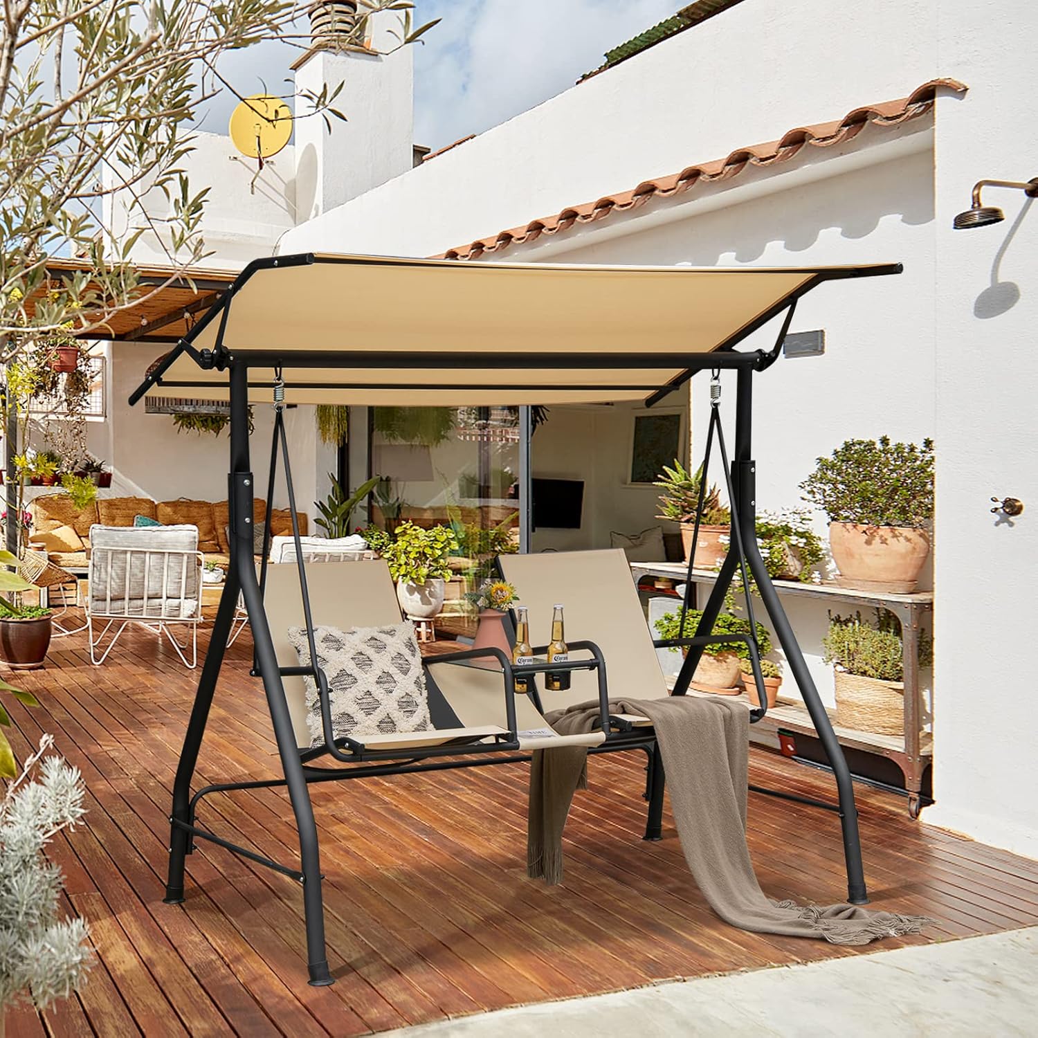 Tangkula 2 Person Porch Swing, Outdoor Swing with Tempered Glass Table, 2 Cup Holder, Patio Swing with Adjustable Canopy for Garden, Porch, Backyard Beige
