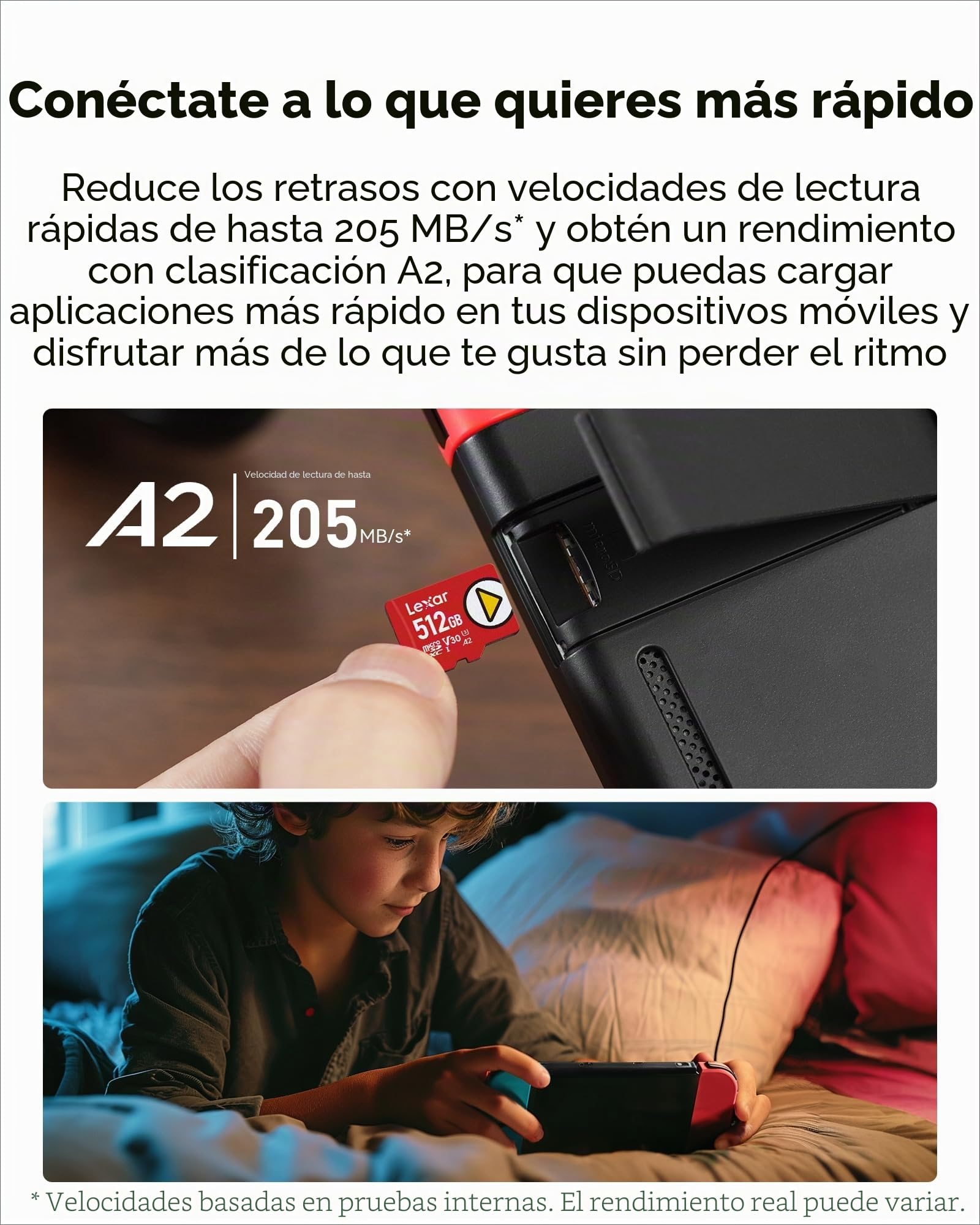 Lexar Play Tarjeta Micro SD 512GB, microSDXC UHS-I, hasta 205 MB/s lectura,140 MB/s escritura, Clase 10, U3, V30, A2, Vídeo 4K, Tarjeta de alta velocidad para Switch/Portable Gaming Devices/Smartphone