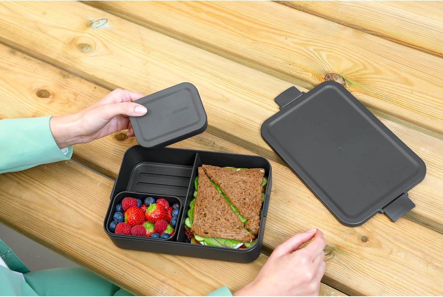 Brabantia Make & Take Bento Lunch Box (Dark Gray) 2 Compartments & Lidded Pot, Lift-Out Tray Divider, BPA-Free, Airtight Snap Locks, Microwave & Freezer Safe, Travel Meal Prep Container, 68oz