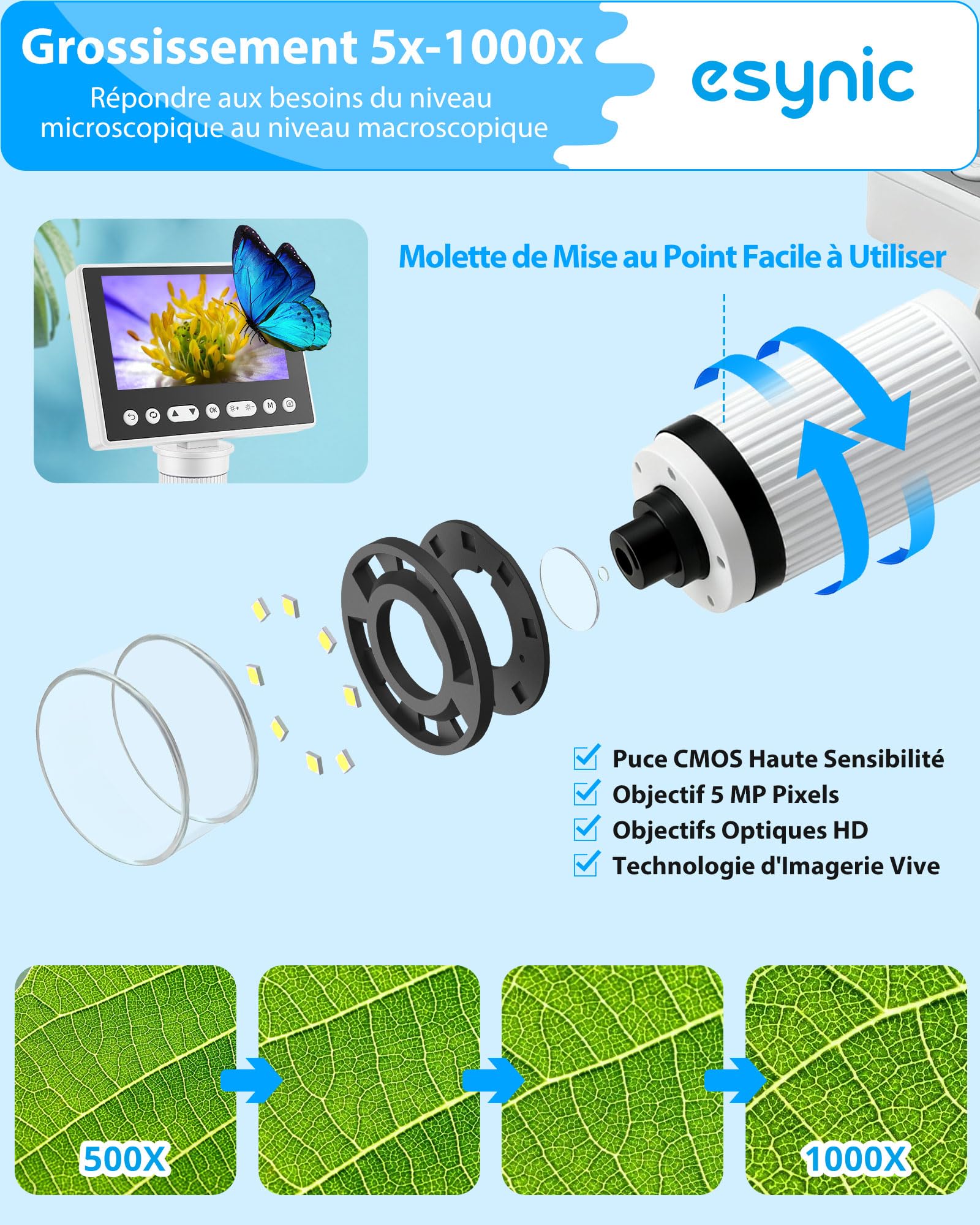 eSynic Microscope Numérique USB 5X-1000X 5MP 1080P avec Écran 4,5 Pouces | Zoom 5X à 1000X, 8 LED Réglables, 2 Projecteurs de Tuyau, Support Réglable, Carte MicroSD 32 Go, Compatible Windows et Mac