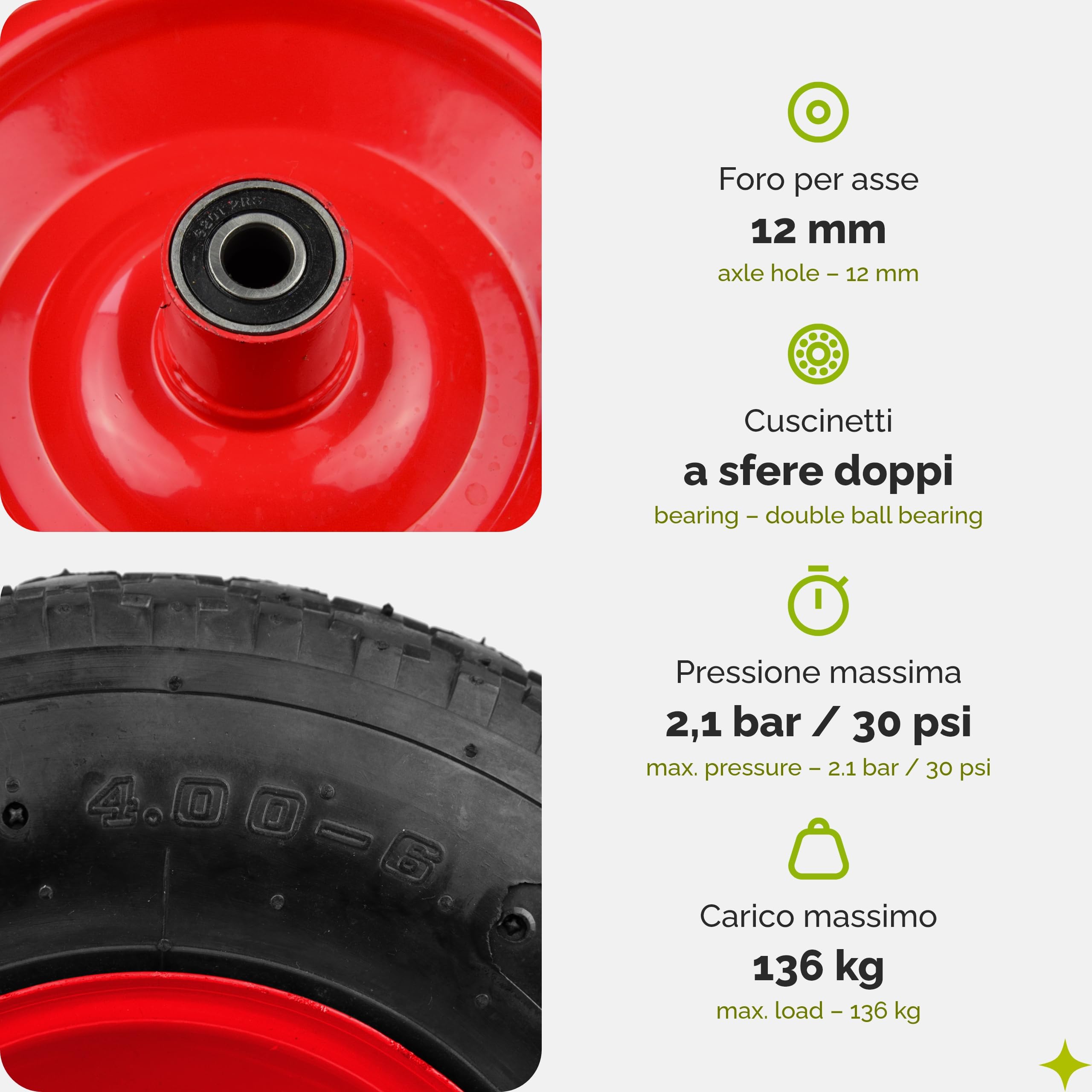 Garronda Ruote per Carrello 4.00-6 con Asse, Pneumatica 2PR Ruota Carriola con Valvola Auto, Ø 32×9 cm, foro 12 mm, portata fino a 136 kg GD-0163, Nero/Rosso