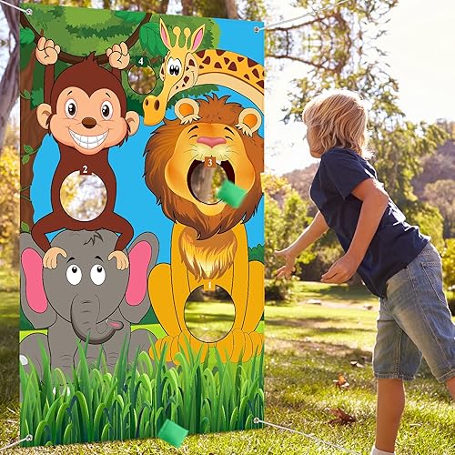 Miniatura 5 de Tatuo Cartel de juegos de lanzamiento de animales de safari con bolsas de frijoles de animales salvajes de la selva, fondo de fotos de zoológico,