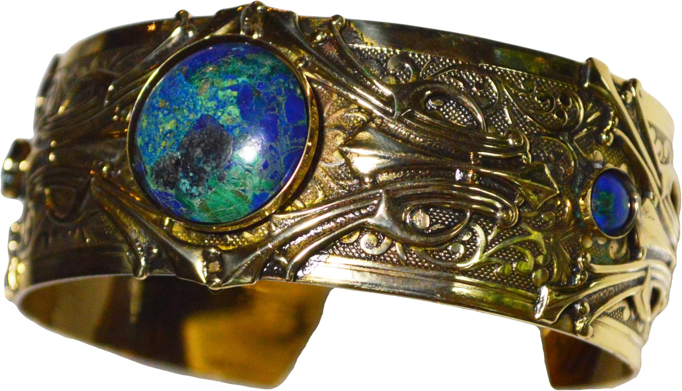 Hand Polished Antique Brass Art Deco Motif Cuff Bracelet - Chrysocolla
