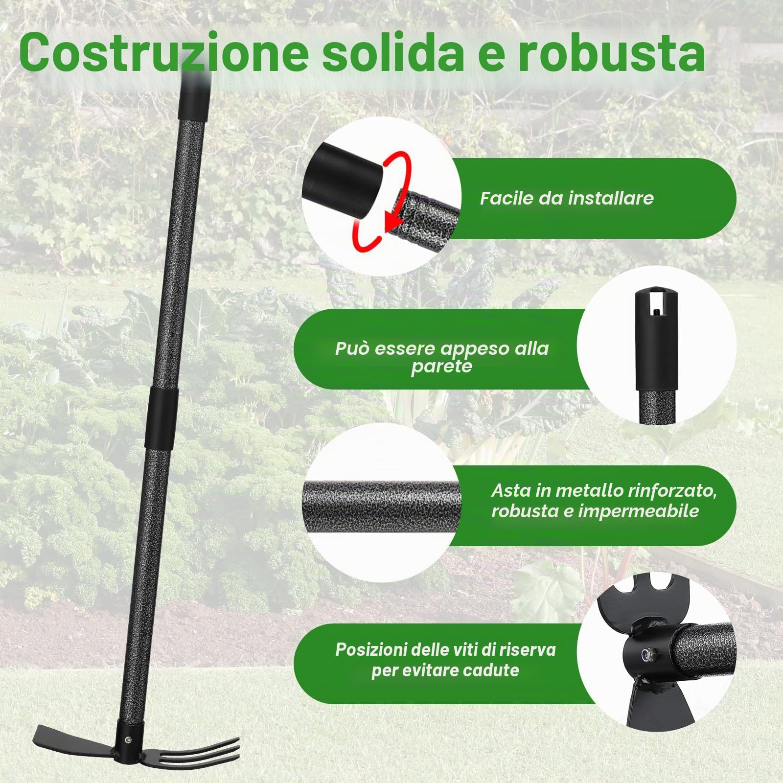 Harrms Zappa da giardino con manico 76 cm, doppia zappa multifunzione con 3 denti in metallo, per allentare, ventilare e diserbare il terreno