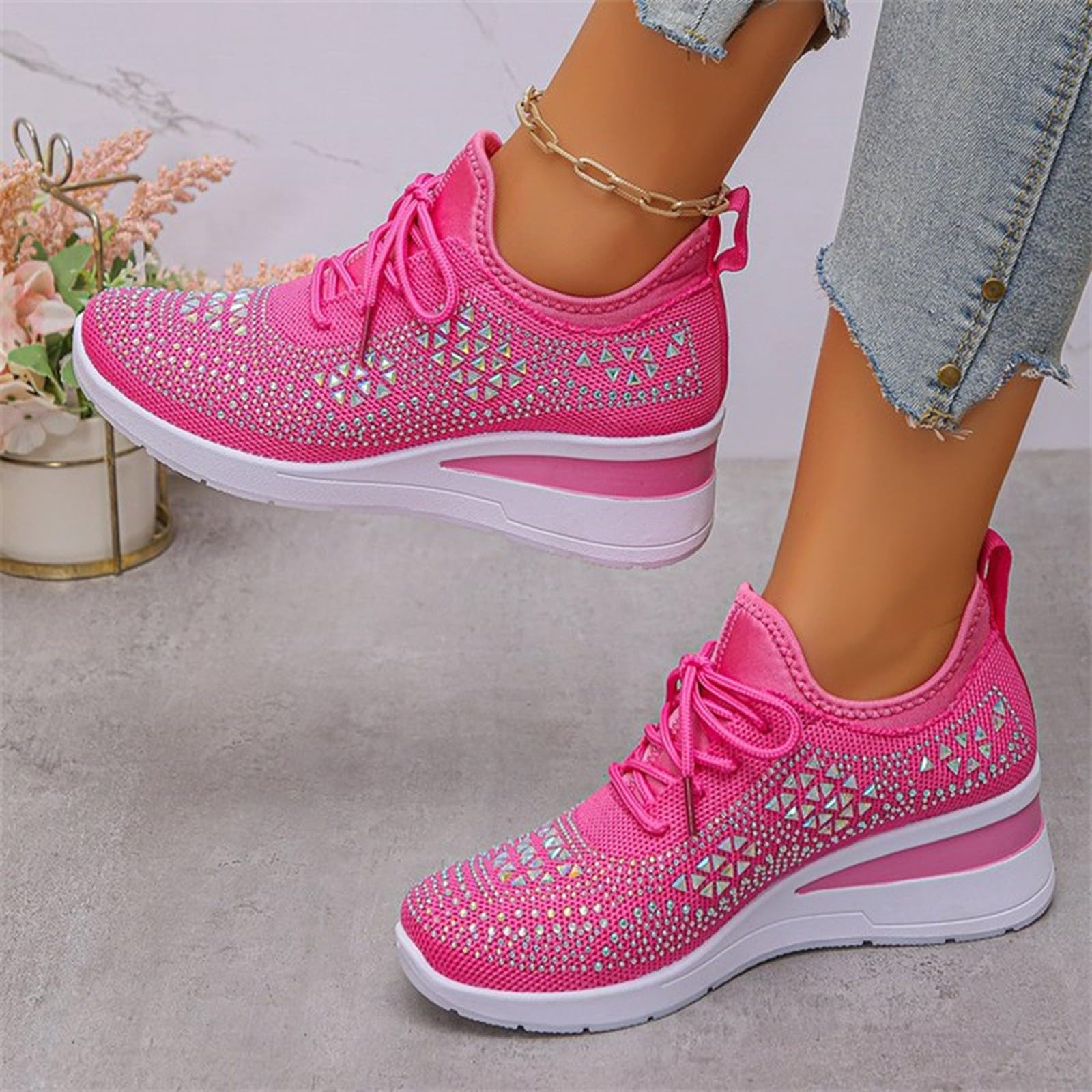Scarpe da ginnastica da donna con plateau impreziosite con strass e maglia traspirante per abiti casual alla moda, Rosa acceso, 40 EU