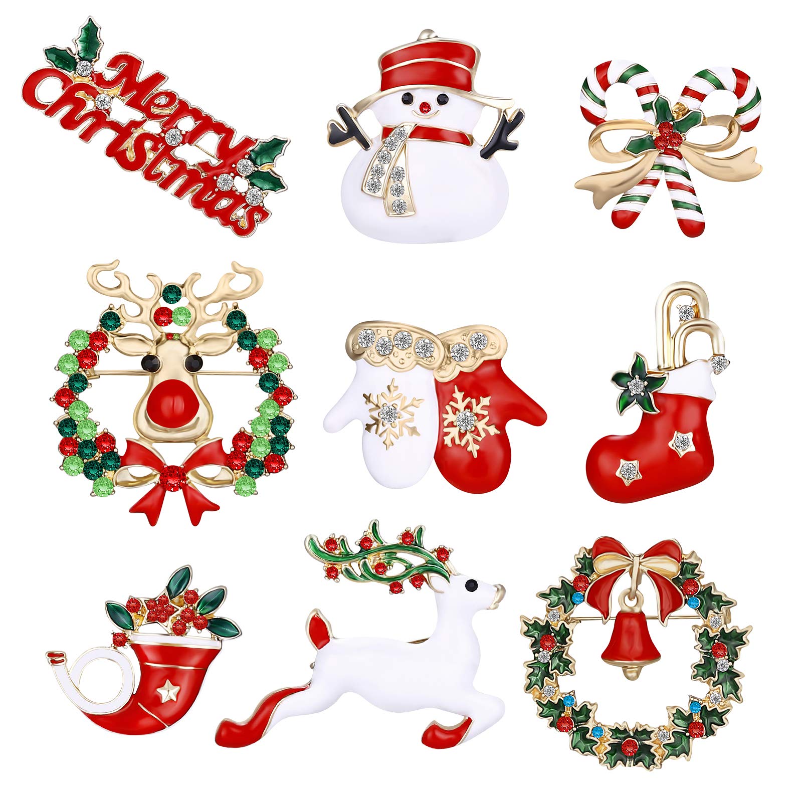 Lot De 8 Broches De Noël Strass Acrylique - Chapeau, Sapin, Père Noël... Pour Décorer Vêtements, Sacs, Cadeaux Festifs