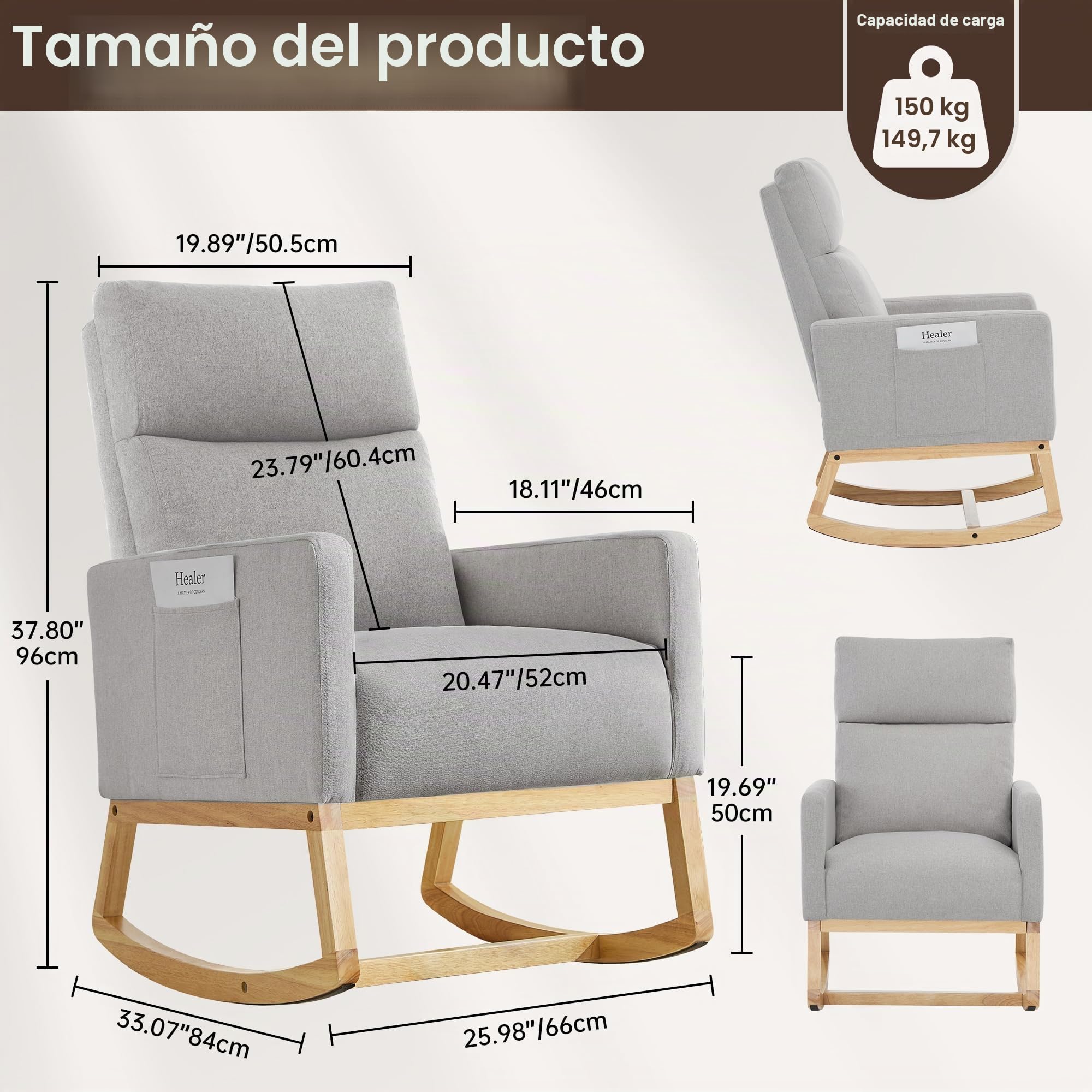Mecedora para Lactancia, Respaldo Alto, de Lino, para Adultos, con Bolsillos Laterales y Base de Madera para Sala de Estar, Dormitorio, Color Gris Claro