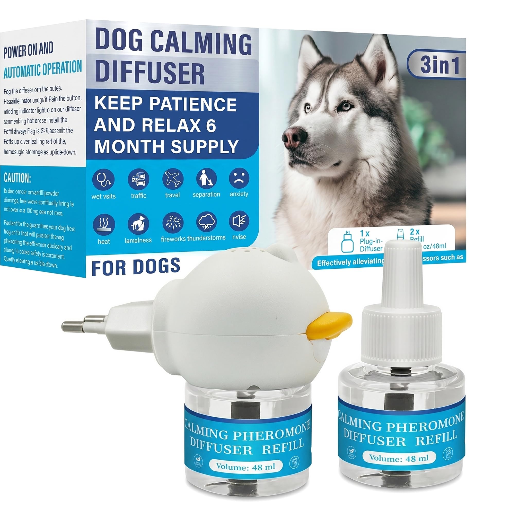 Difusor de Feromonas Relajante para Perros – con Luz LED, Recarga 2x48ml, No Medicado, Sin Somnolencia, Alivia Ansiedad por Separación y Estrés por Tormentas, 60 Días de Duración