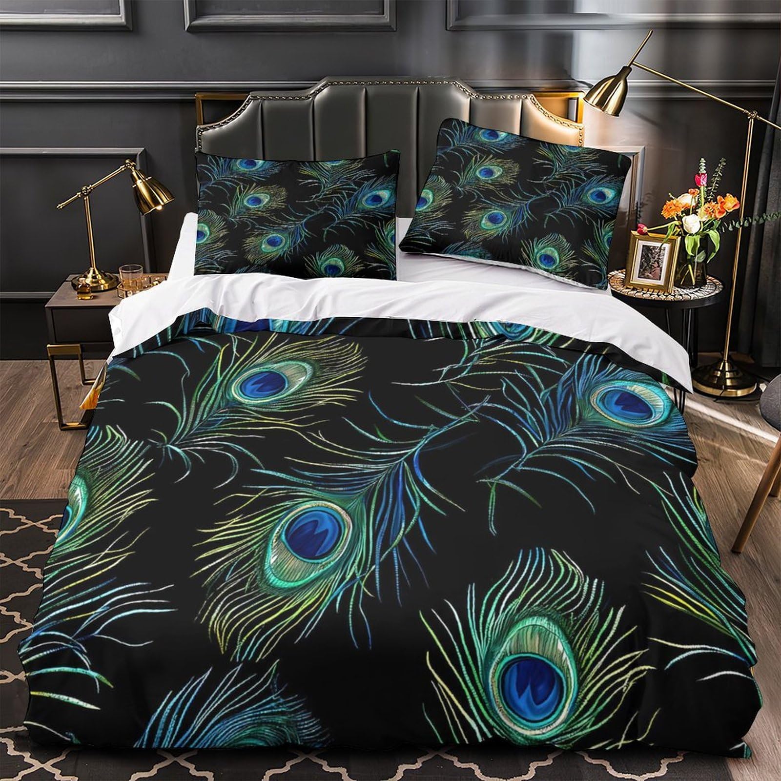 Housse de couette plumes de paon microfibre lavable sans repassage pour lit enfant 135x200