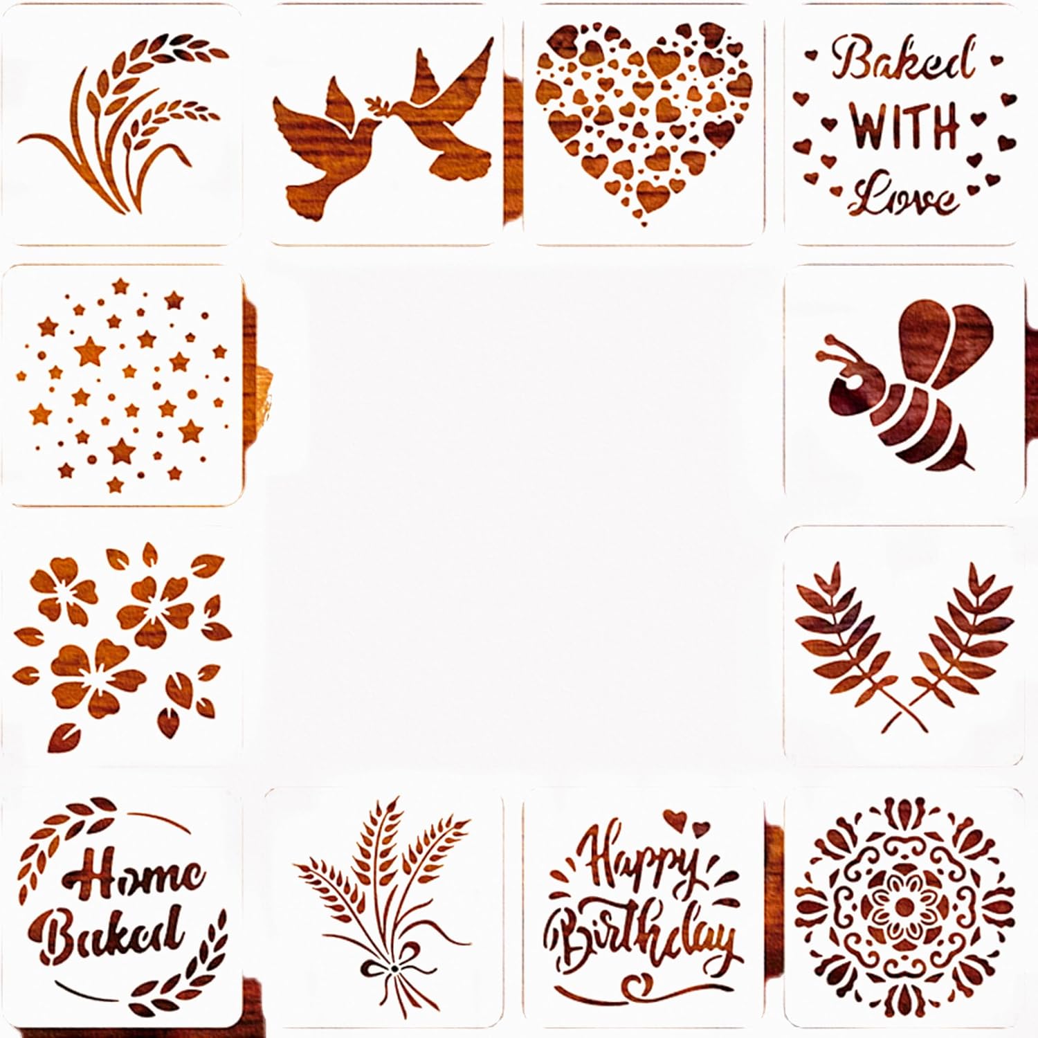 12-Piece Bread Stencil Set for Artisan Baking, Reusable DIY Cake & Cookie Decorating Templates, 5.9x5.9 Inch Design Tools for Bakers