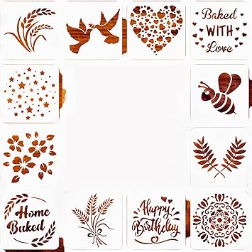 12-Piece Bread Stencil Set for Artisan Baking, Reusable DIY Cake & Cookie Decorating Templates, 5.9x5.9 Inch Design Tools for Bakers