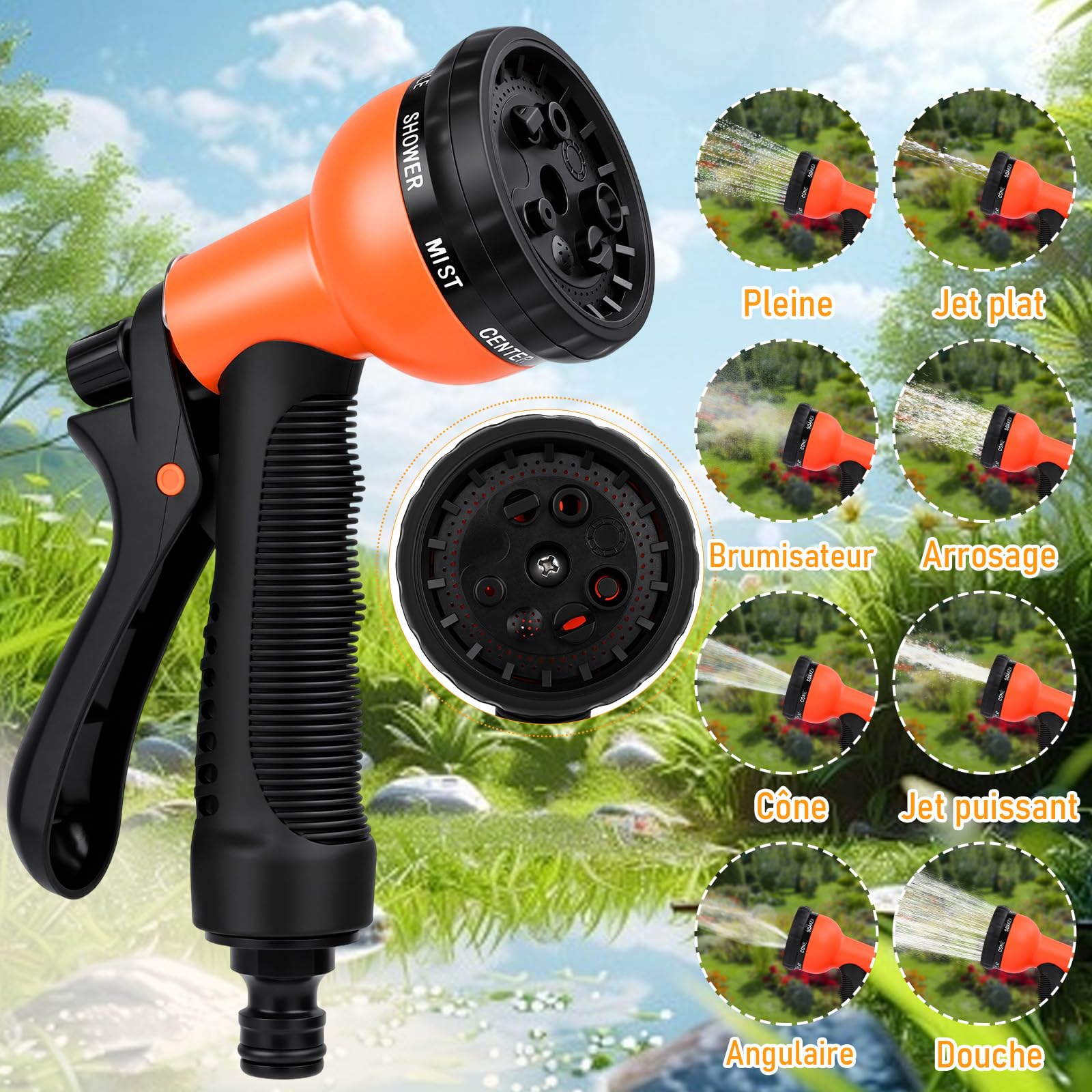 Manguera Extensible 30M/100FT, Manguera de Jardín Extensible Pistola de Riego con 8 Funciones Pistola Hose Con 3/4" y 1/2" Accesorios de aleación de zinc. el Riego de Plantas Hortícolas (Orange)