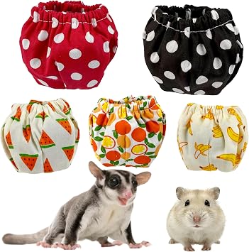 Reusable Sugar Glider Diapers 5PCs Cute Washable Hamster Nappy Cloth Pee Pads Pull Up Stretchy Waist Climbing Diaper for Small Pet Rat Groundhog Dots Set 2, Small