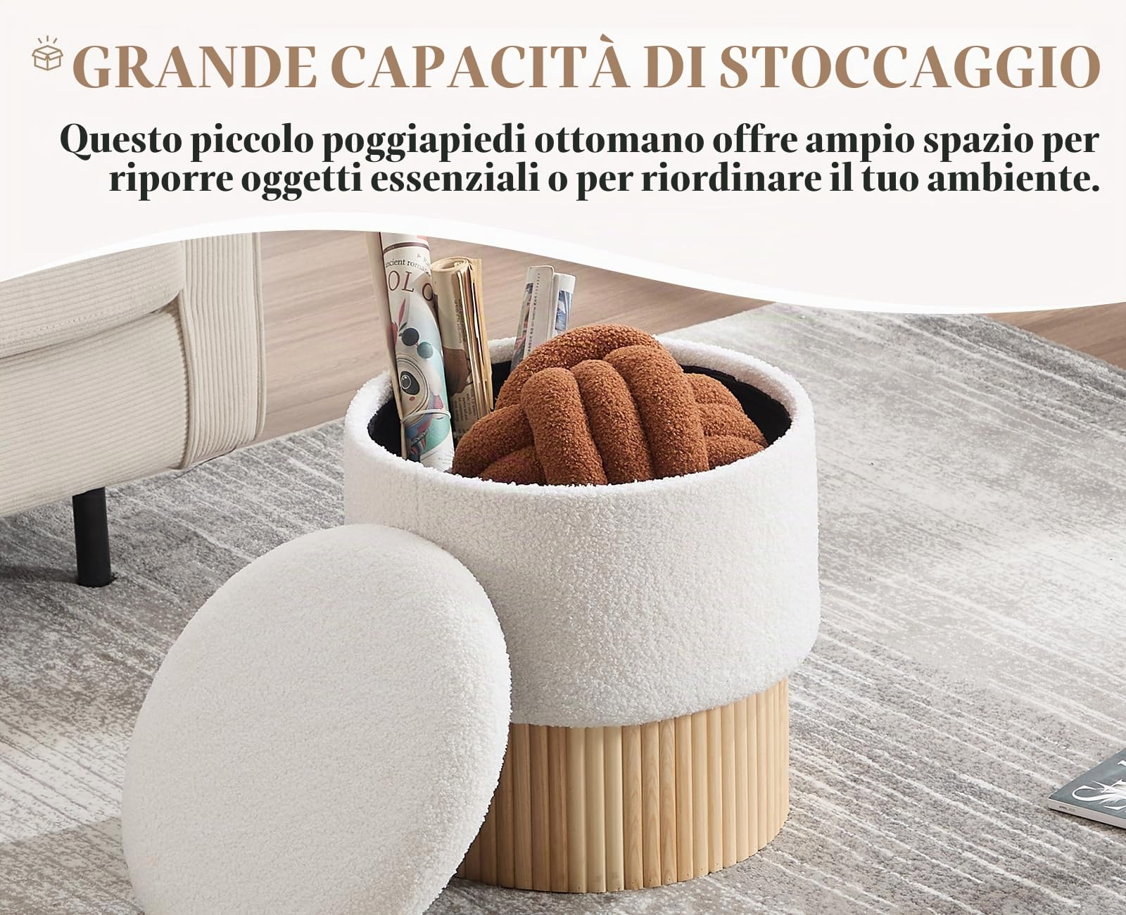 Pouf Contenitore Puff in Pelliccia per Camera da Letto, Bianco | Cassapanca Contenitore Rotonda, Pouf Poggiapiedi Imbottita, Sgabello Contenitore in Legno per Soggiorno/Trucco/Salotto