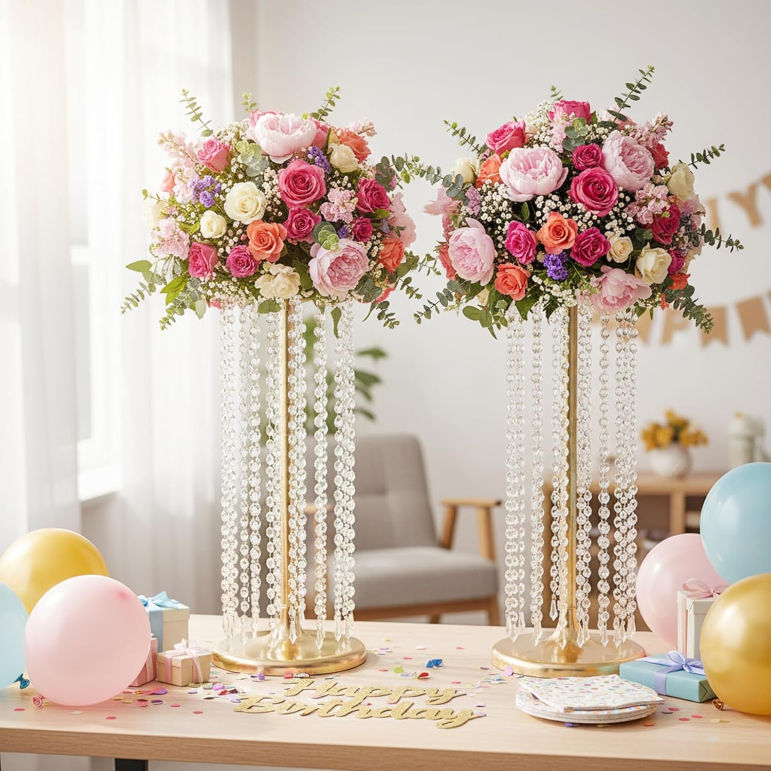 27.5inch Tall Gold Vases for Tables, Elegant Wedding Flower Stands for Centerpieces, Metal Flower Vases with Chandelier Acrylic Crystals for Party Event Christmas Home Wedding Decor