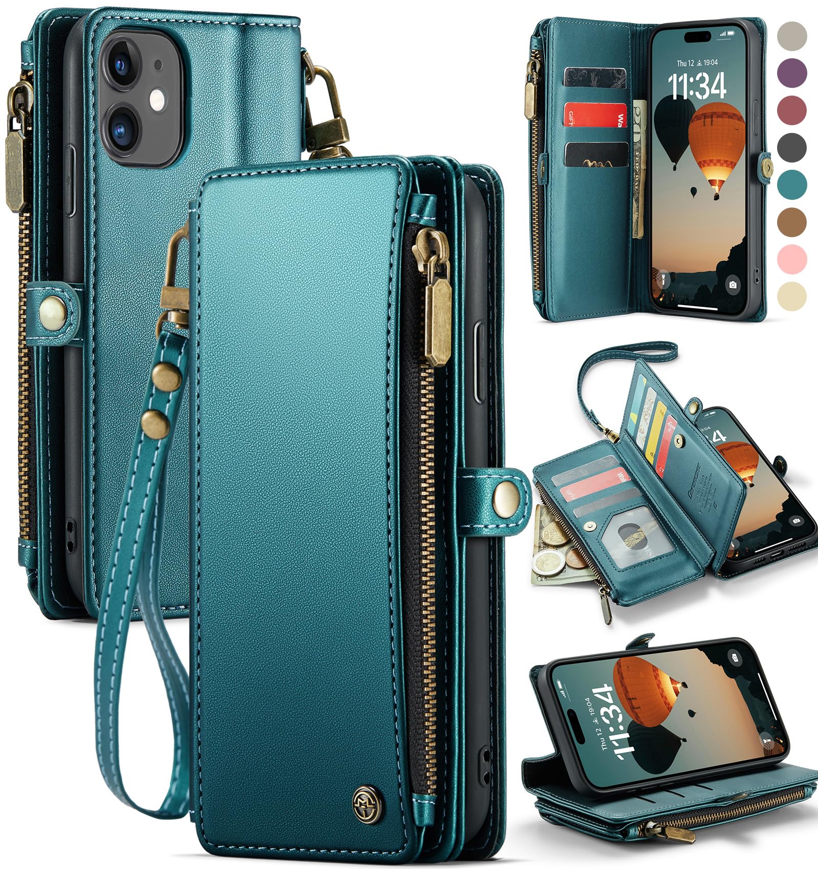 Defencase Compatible with iPhone 11 Case Wallet with RFID Blocking Card Holder for Women Men, Fashion PU Leather Magnetic Snap Flip Zipper Strap