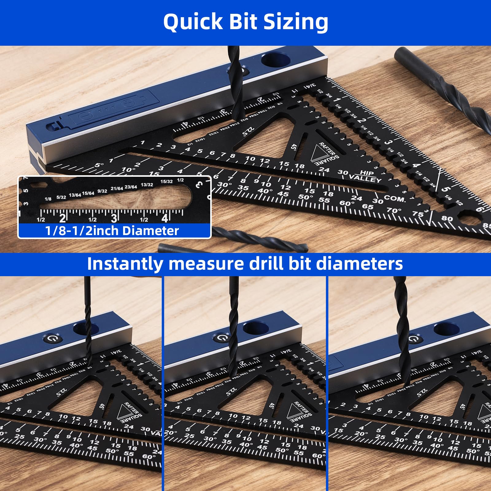 Viga cuadrada de 7 pulgadas con vial de nivel iluminado, regla triangular de aluminio multiusos resistente con lápiz de carpintero para carpintería y bricolaje en el hogar