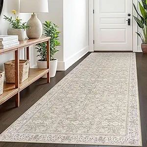 3x8 Cream Beige White Grey Washable Runner Rug for Kitchen, Soft Classic Runner with Non-Slip, Non-Shedding Distressed Floral Rug for Hallways Entryway Bedroom Laundry Indoor