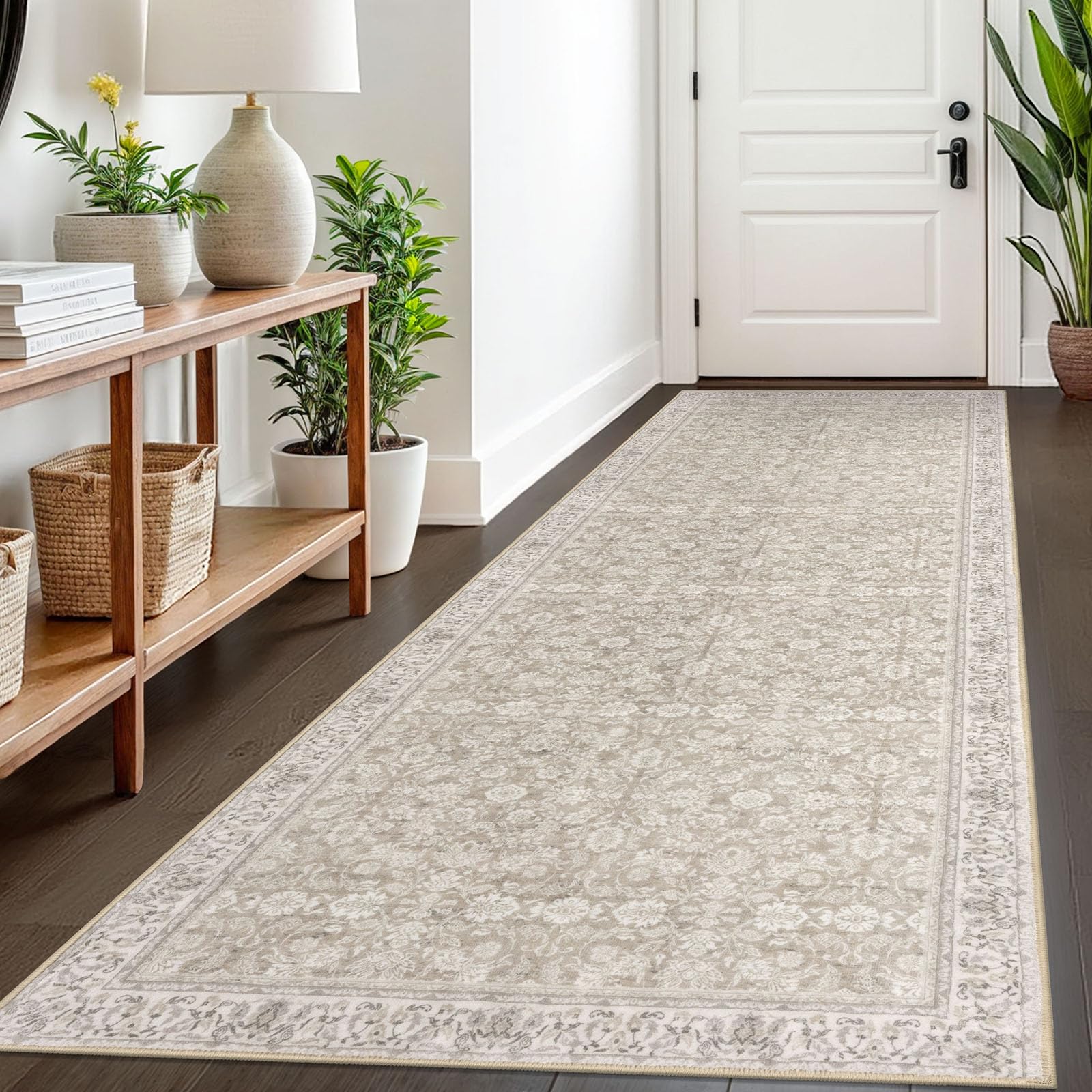 SIILOOM 3x8 Washable Runner Rug for Kitchen, Cream Beige White Grey Soft Classic Runner with Non-Slip, Non-Shedding Distressed Floral Rug for Hallways