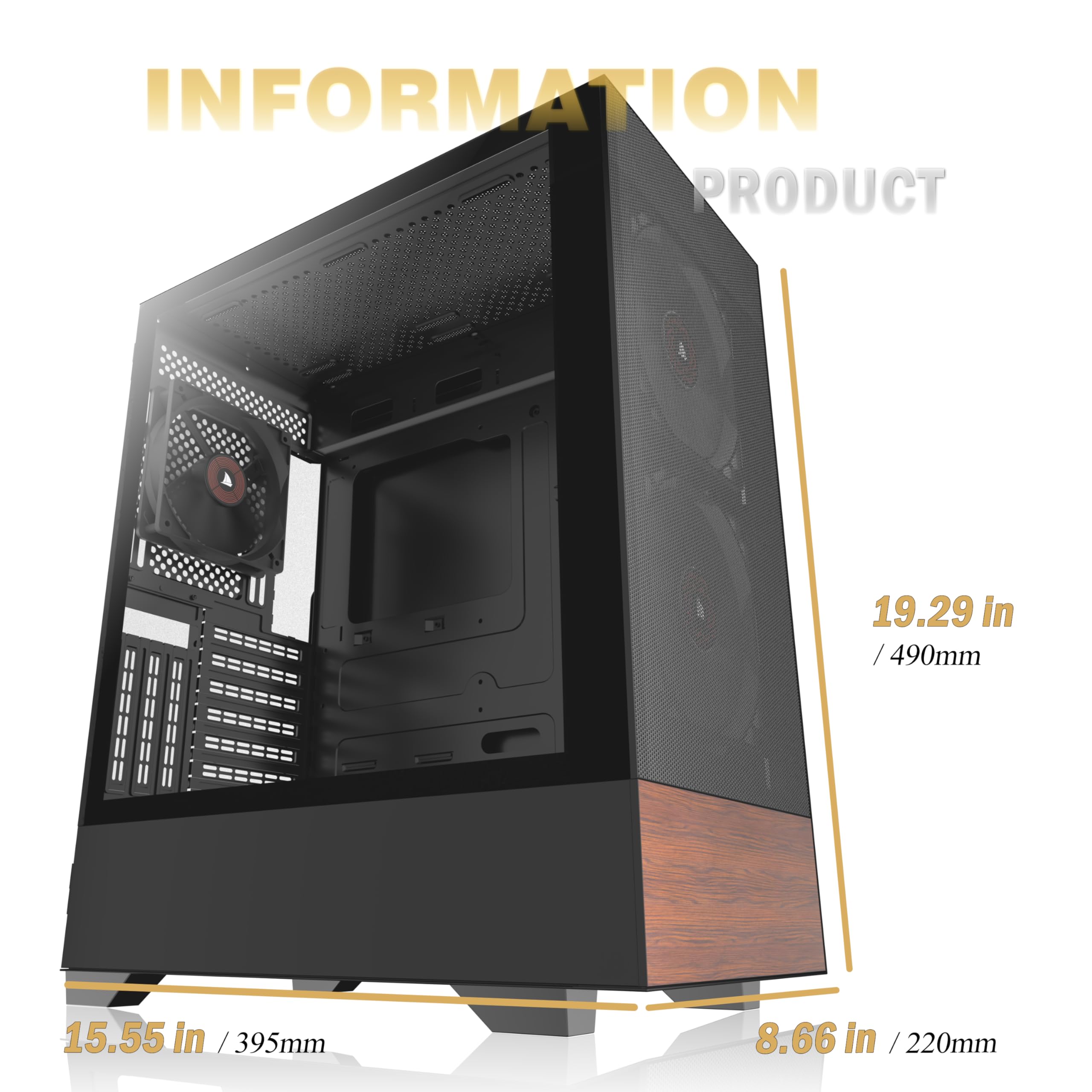Case per PC Case ATX 3 preinstallata, case per computer Mid Tower con vetro temperato, pannelli in legno di noce stampati, supporto radiatore da 360 mm, custodia da gioco nera (H3)