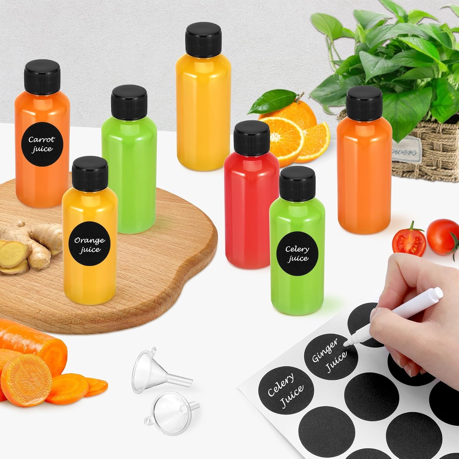 16 Pack 2 oz Shot Bottles with Caps, Mini Reusable Plastic Ginger Shots Bottle Leakproof Juice Shot Bottles with Lids for Juice, Oil and Liquid Samples, Small Containers for DIY, Travel - Image 6