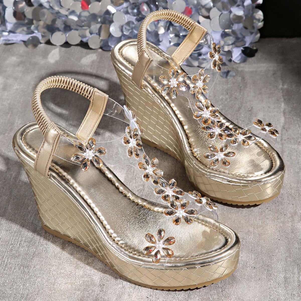 Sandalias de plataforma con diamantes de imitación brillantes para mujer, elegantes, suela gruesa, correa elástica transparente, sandalias bohemias de punta abierta para la playa