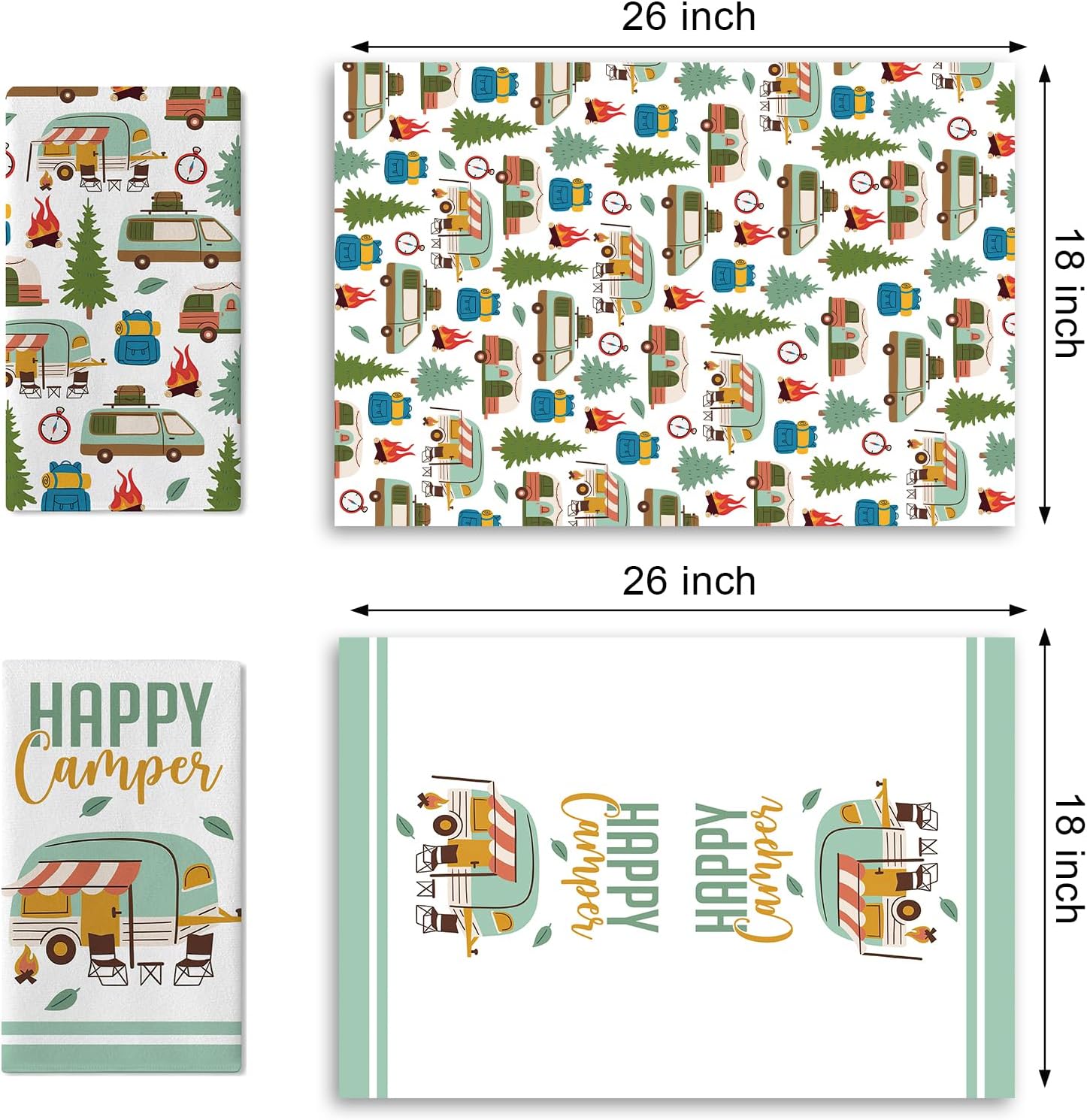 Happy Camper Kitchen Dish Towels Set of 2, Camping RV Adventure Travel Drying Hand Towel Baking Cooking Cloth, Campsite Campfire Tree Bathroom Home Decoration 18'' x 26'' - Image 2