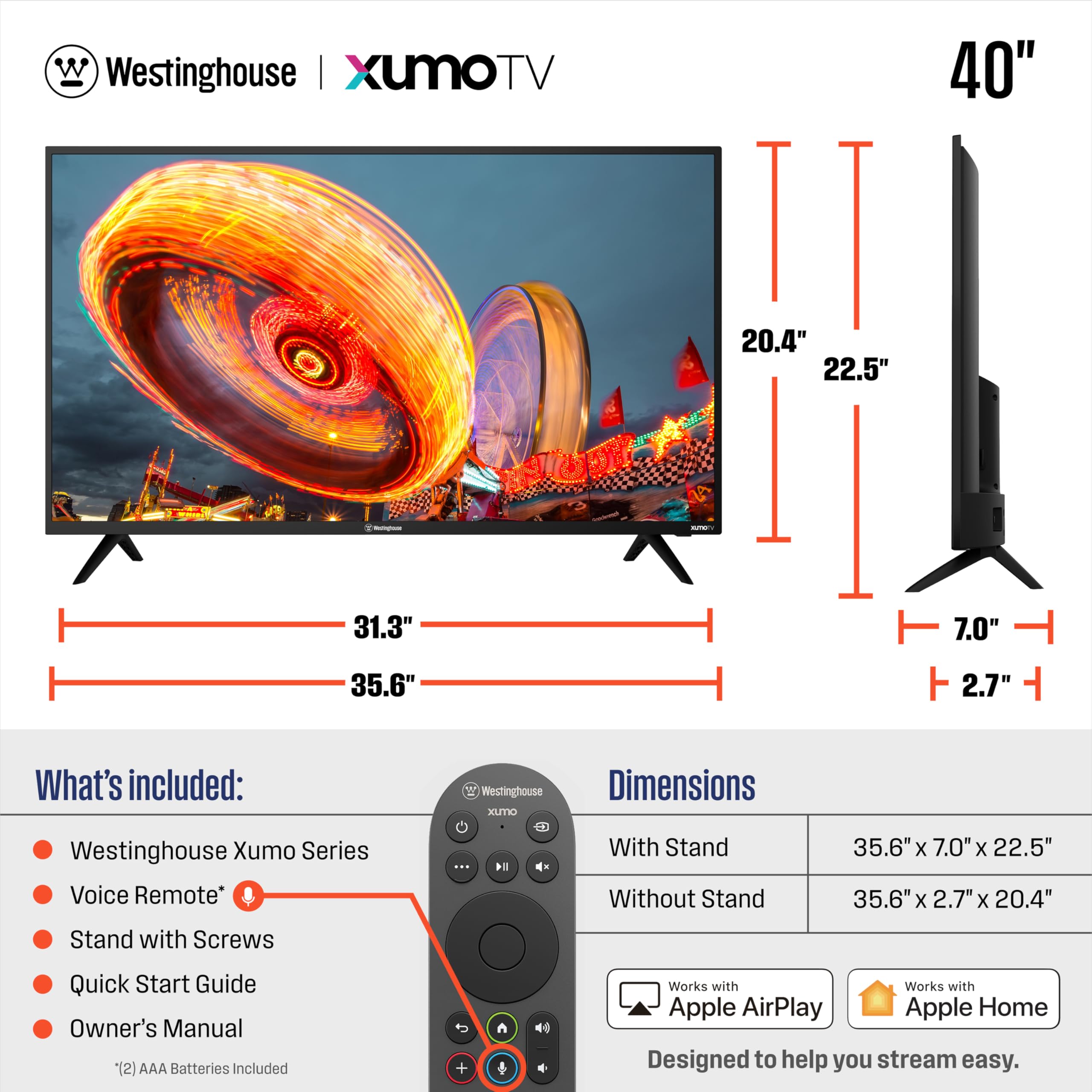 Westinghouse 40-inch Smart TV, FHD 1080P Xumo TV w/Voice Remote, Flat Screen LED Television w/Apple HomeKit, Wi-Fi & Mobile Connectivity