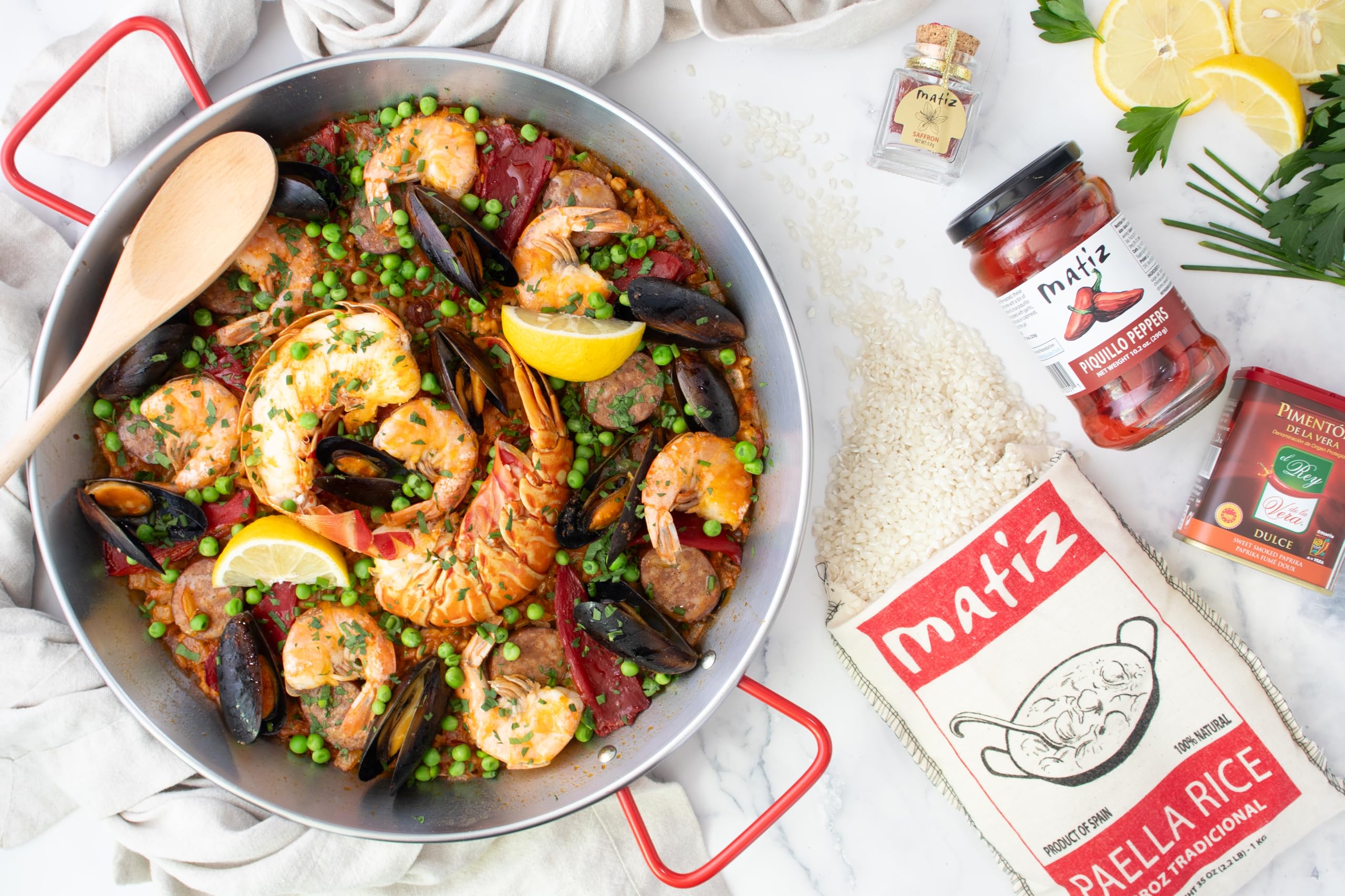 Matiz España Deluxe - Juego de regalo de cocina de paella, ingredientes españoles auténticos | Sartén tradicional, regalo de cocina gourmet y horneado para los amantes de la comida