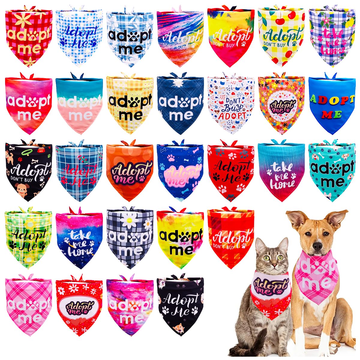 JpGdn 30Pcs/Pack Adopt Me Dog Bandanas Bulk with Paw Print Tie Dye Plaid Floral Pink Puple Blue for Small Medium Girl Boy Foster Animals to Look for Homes or Adoption