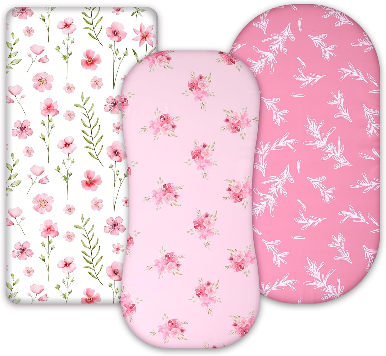 Bassinet Fitted Sheets 3-Pack Pink & White - Microfiber Baby Bassinet Sheets - 360° Elastic Fit - Fits 32x16x3 Oval Hourglass Rectangle Bassinet Mattress - Floral Print Sheets Pink & White