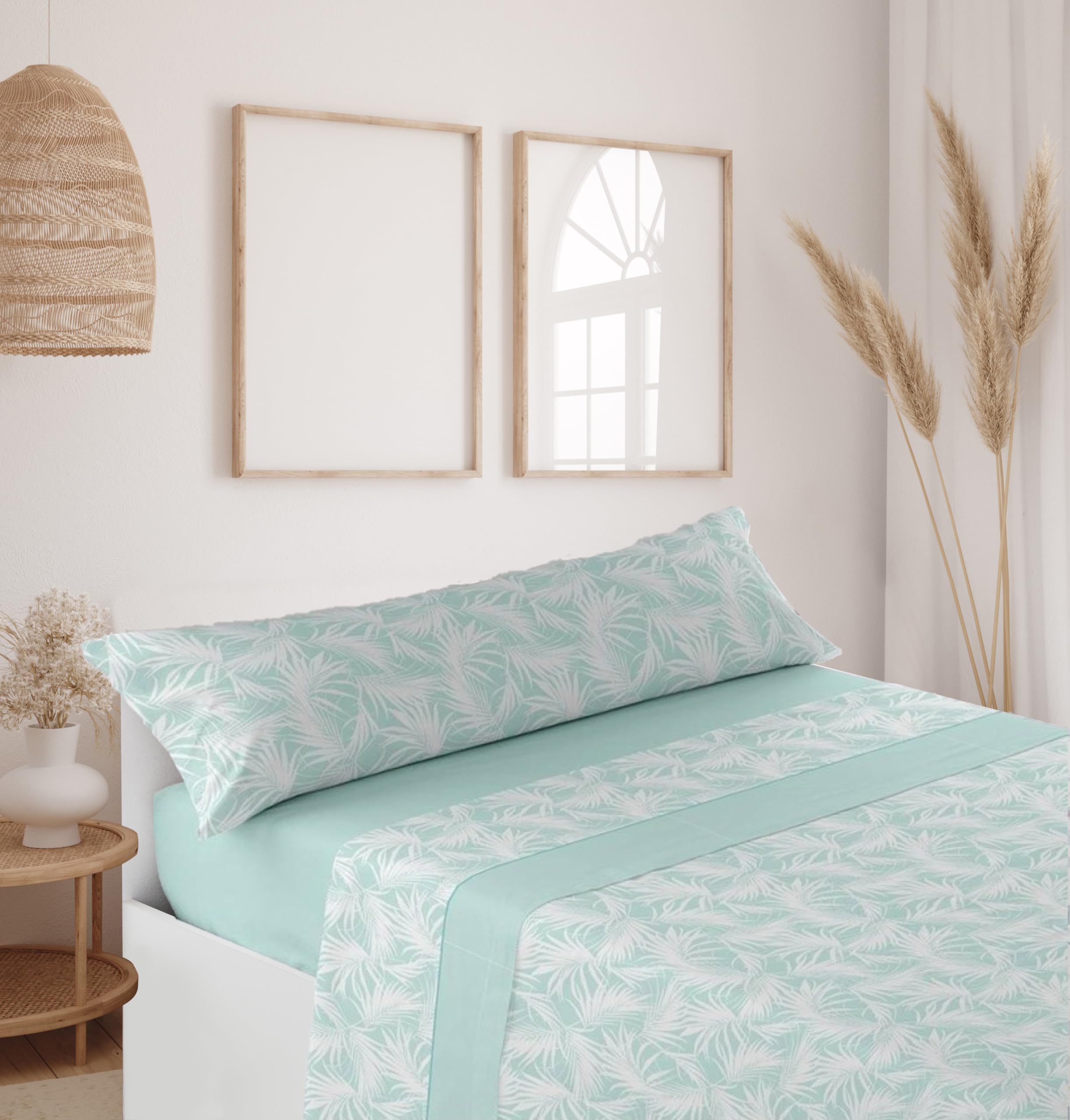 HaraDeco Juego de Sábana, Confeccionada 50% Algodón 50% Microfibra Tejido con Vivo, Bajera, Funda Almohada Larga y Sábana Encimera 3 Piezas para Verano(Majan Verde, Cama 150)