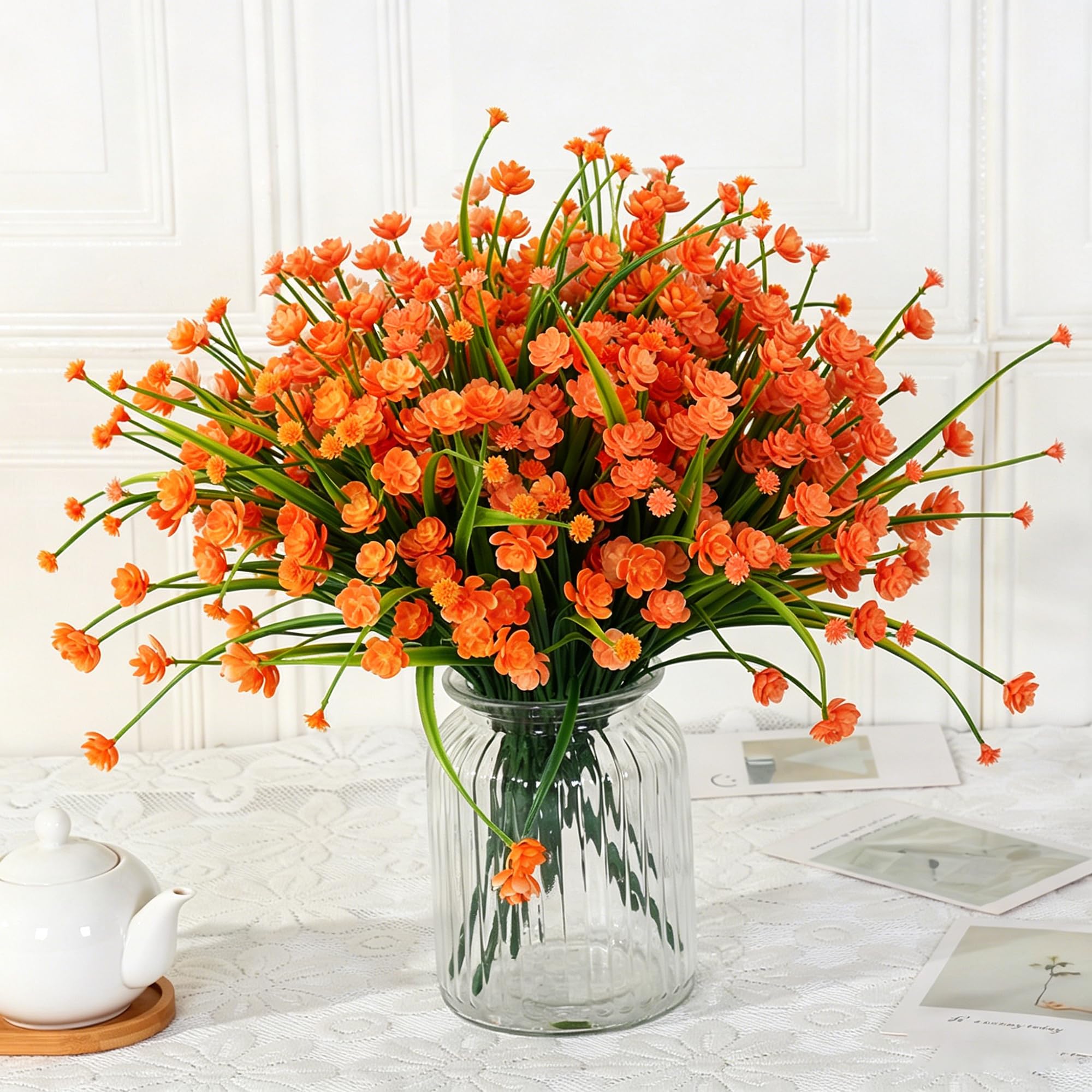 binandteam 8 Bundles Artificial Flowers (6 Bundles Flower + 2 Greenery Grass), 70 Stems Bendable Faux Plants for Outdoor & Indoor Decor, Garden, Porch, Planters,Vibrant & No Fade - Orange