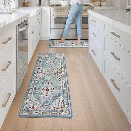 Miniatura 7 de Collive Juego de 2 tapetes y tapetes de cocina bohemios, acolchados antifatiga, impermeables, antideslizantes, cómodos para cocina, hogar, oficina,