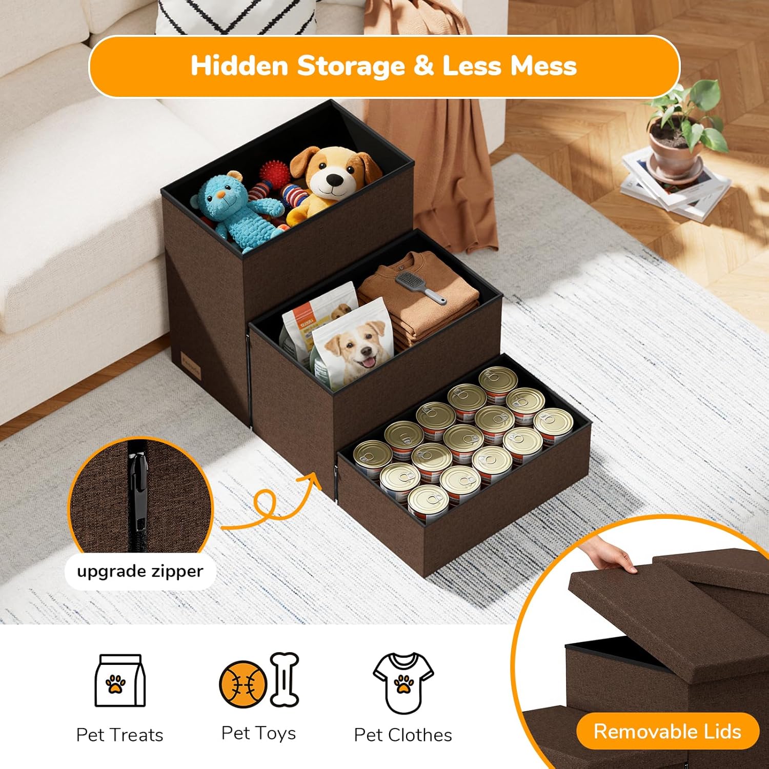 3-step wide dog stairs with storage 18" h, non-slip sturdy pet steps for high bed couch window, pet stairs for small/medium/large old dogs cats up to 200lbs, cat dog steps for car/suv, coffee coffee 3 3-steps storage (30"d x 17"w x 17.1"h)