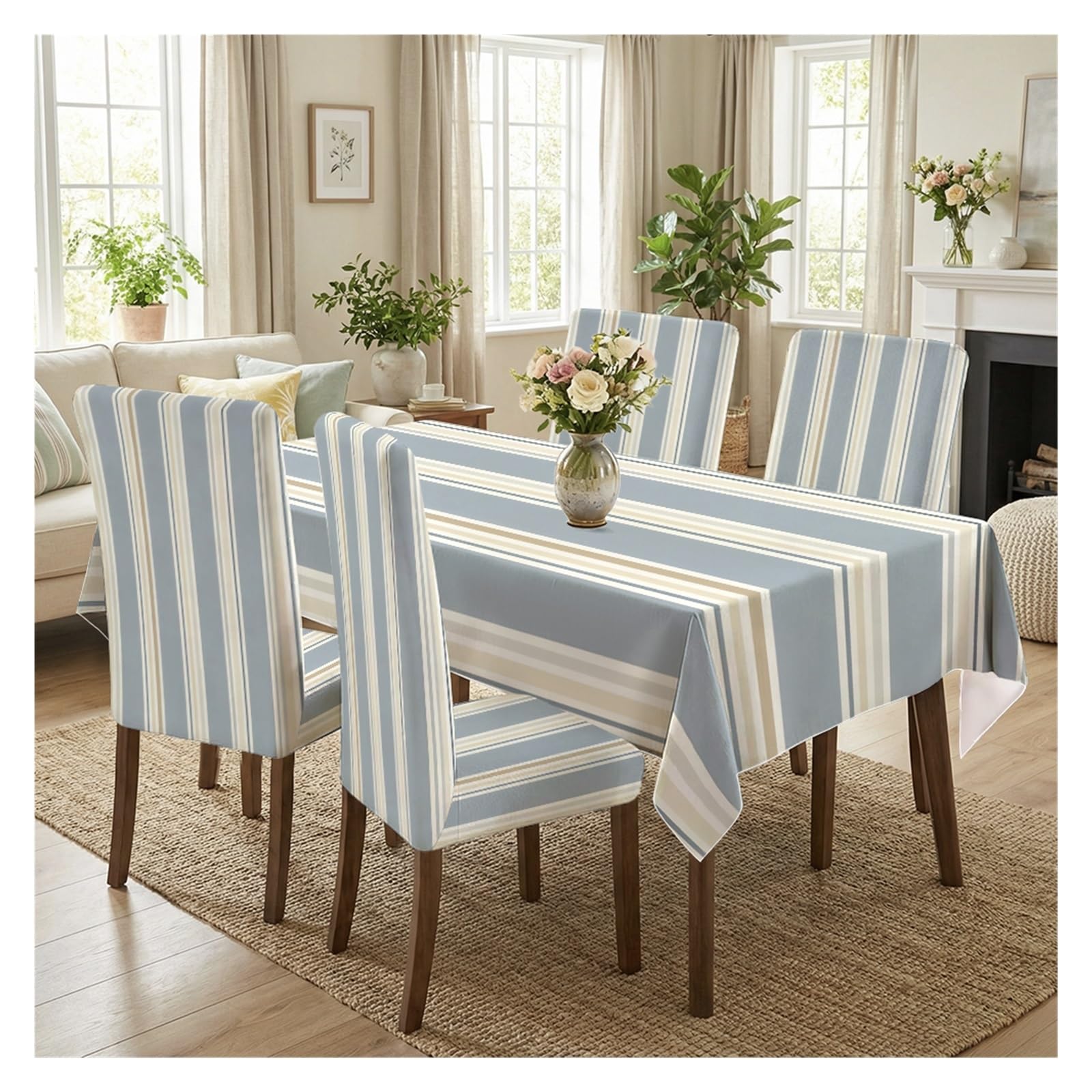 Coastal Light Blue Beige Vertical Stripe Dining Chair Covers & Tablecloth Set, 5/7 Piece Neutral Nautical Slipcovers For Beach Cottage Home Decor Table Setting(5pcs Set: Tablecloth+Chair Covers)