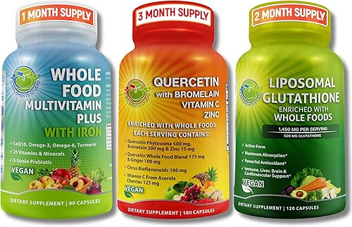 Paquete de bienestar inmunológico y de todo el cuerpo – Quercetina con bromelina + multivitamínico de alimentos integrales con hierro + glutatión