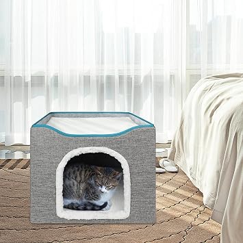 BRIAN & DANY Cat House Foldable and Machine Washable, Cat Cube with Scratcher for Cats and Fluffy Ball, 40 x 40 x 32 cm, Grey