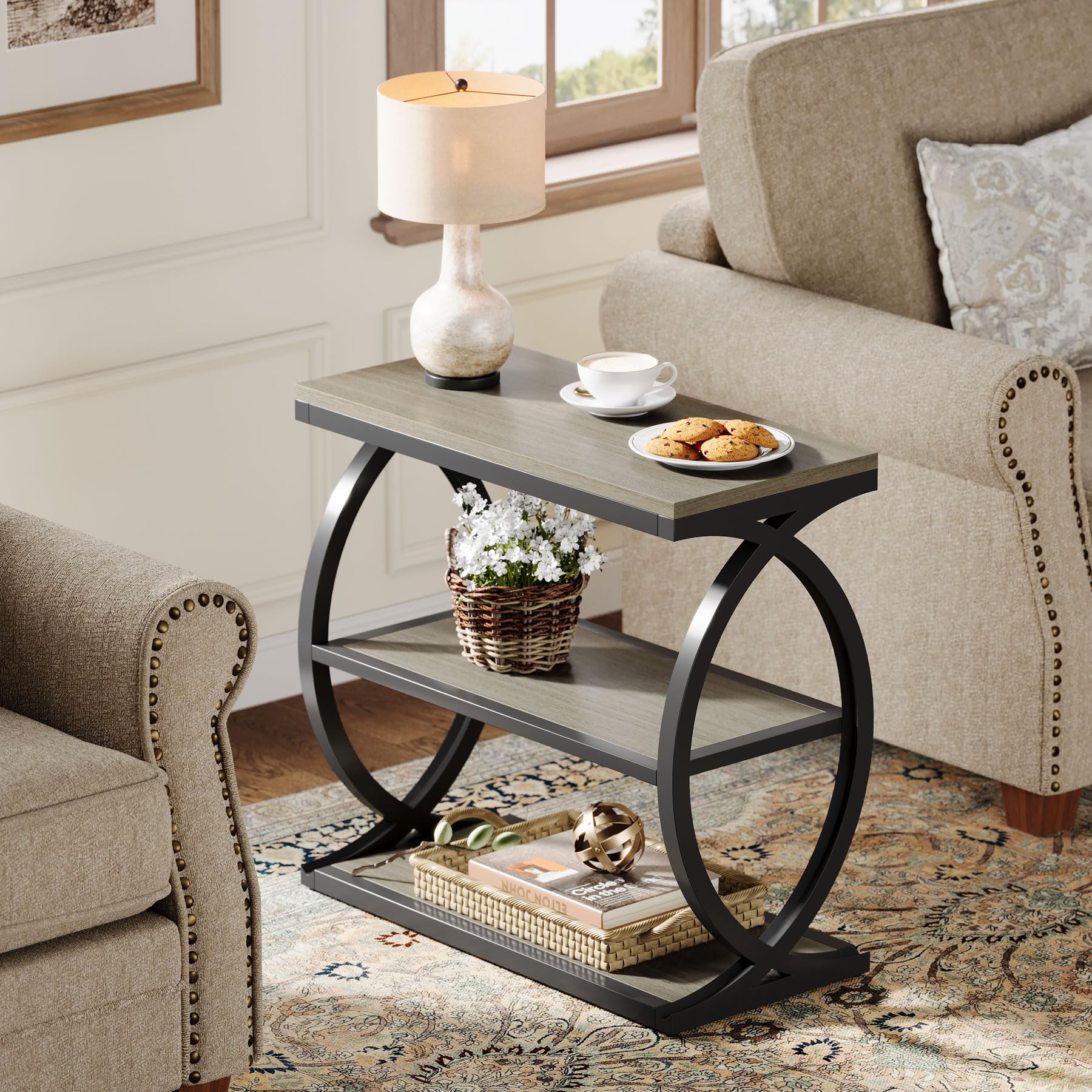 Tribesigns 3-Tier Narrow End Table, Side Table, Bedside Nightstand, Grey | Industrial Wooden with Metal Frame, For Living Room Bedroom, Small Spaces