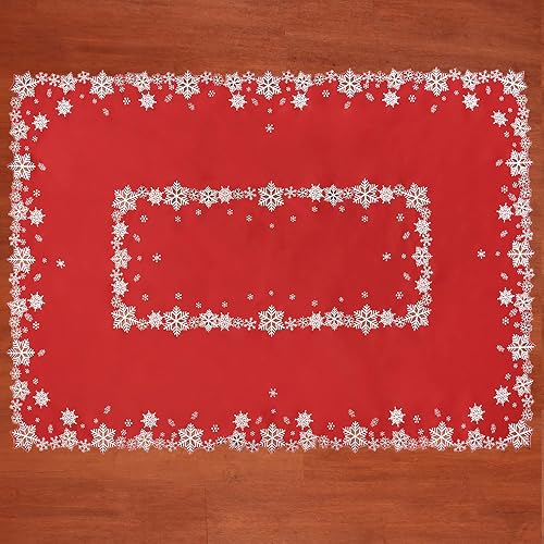Miniatura 3 de Simhomsen Manteles bordados de copos de nieve para Navidad e invierno (rectángulo de 57 x 84 pulgadas, rojo)