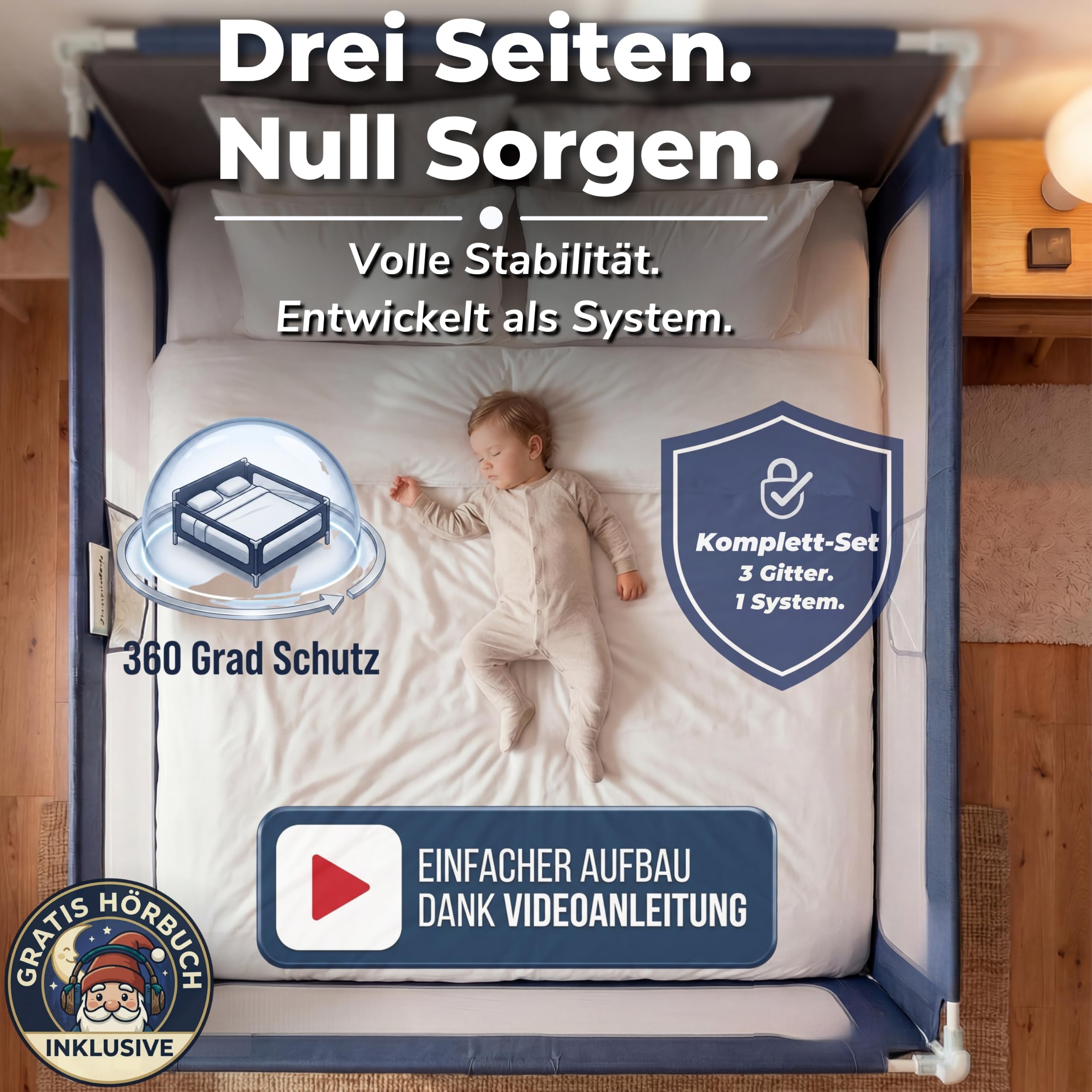 Rausfallschutz Bett 180x200 cm – 3er-Bettgitter Set für Boxspringbett